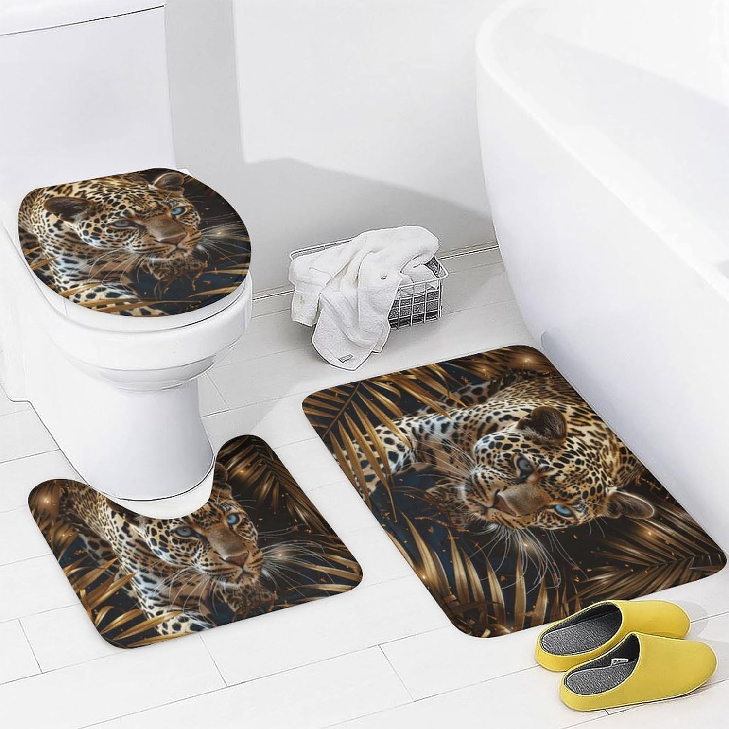 4Pcs Majestic Leopard Plant Shower Curtain, Golden Leaves Leaf Animal Shower Curtain Sets with Toilet Lid Cover, U-Shaped Mat and Non-Slip Rugs, Bathroom Decor Set, 72" x 72"