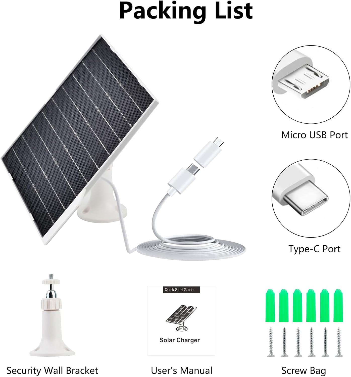 9W Solar Panel for Security Cameras, IP65 Waterproof with 360° Bracket & 9.8FT Cable, 5V Solar Power for Rechargeable Battery Cameras (USB-C/Micro USB)