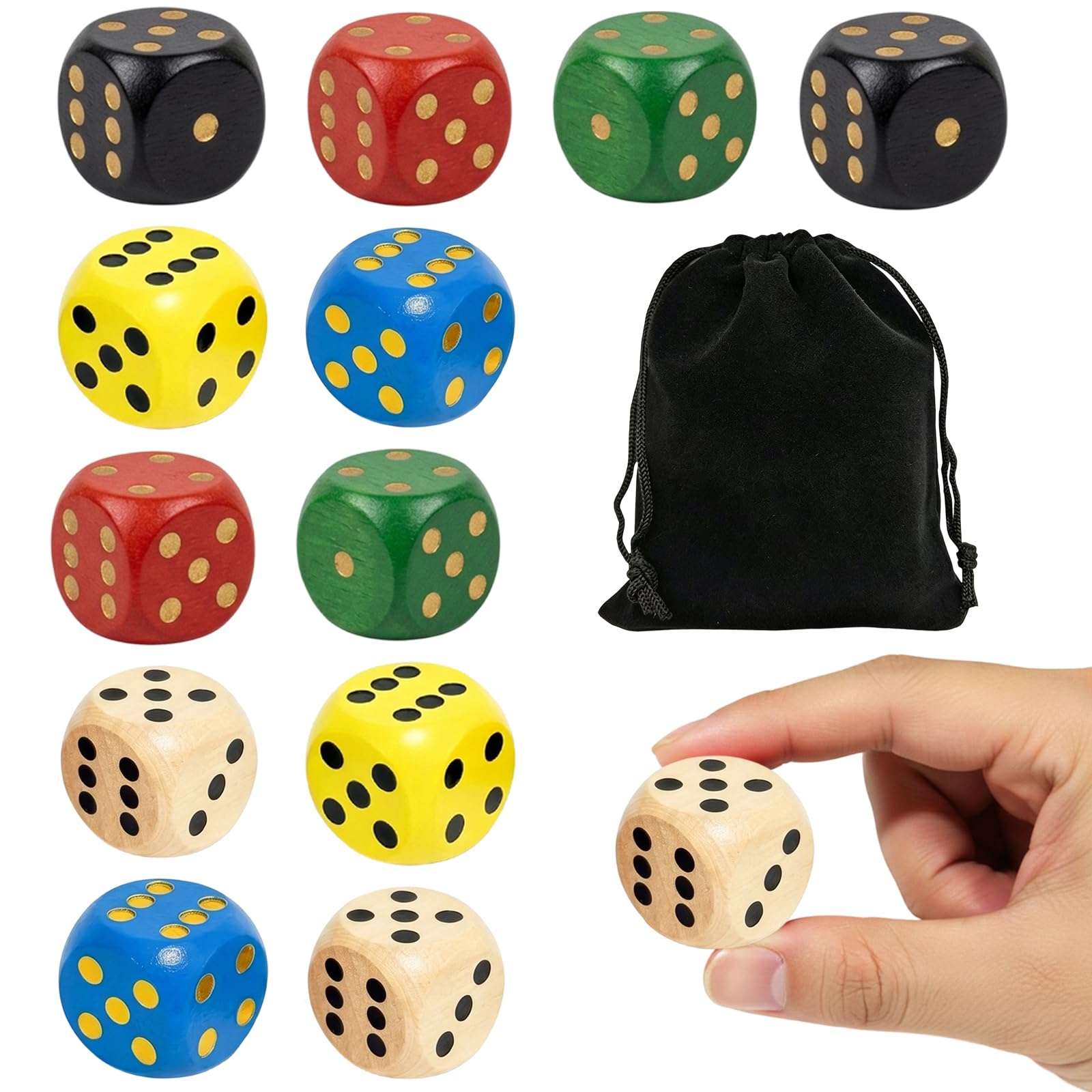 12 Dice Set, Large Wooden Dice Collection for Tabletop Gaming and Family Game, Coloured Dice Set with Black Storage Bag for Activities and Social Gatherings