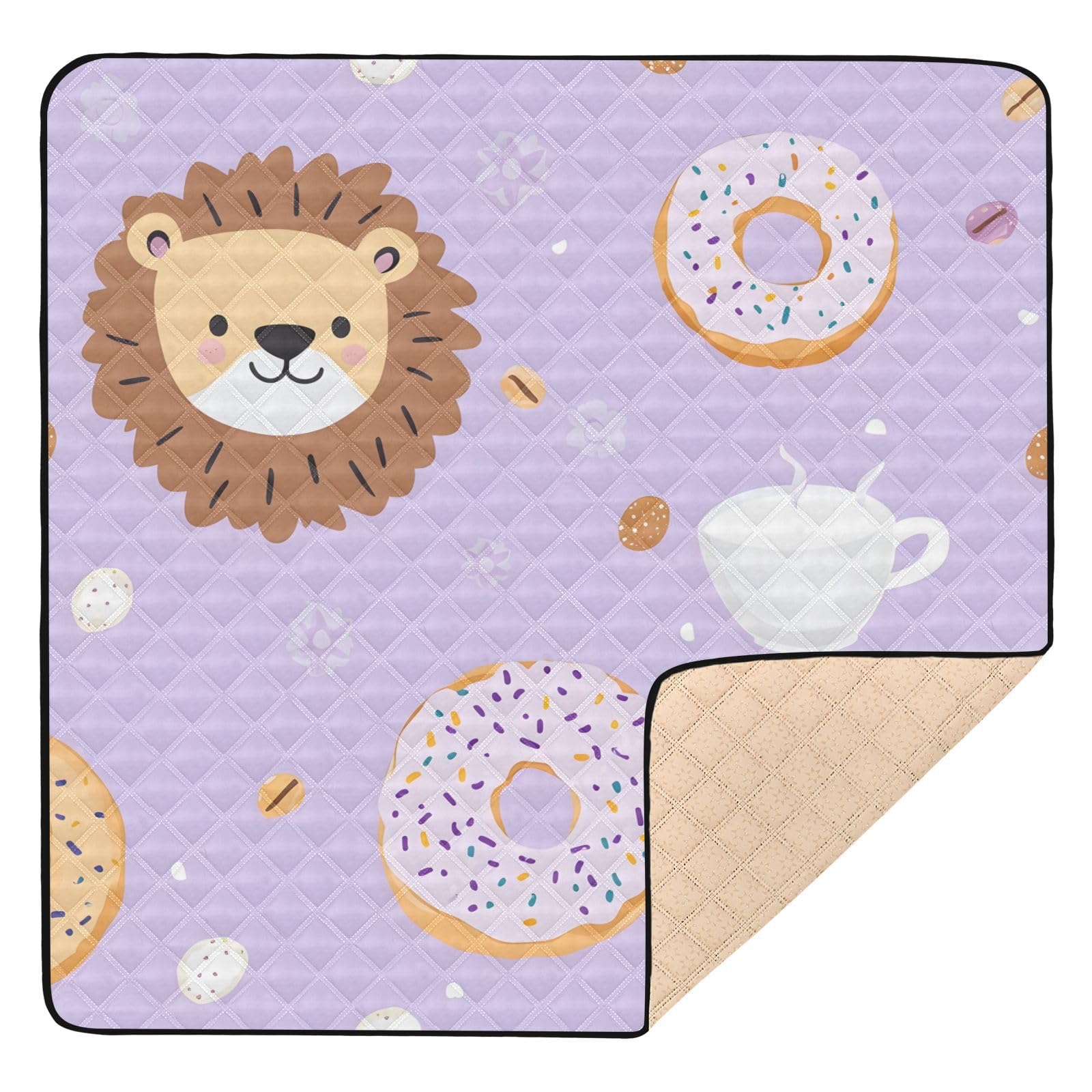 BOESI Doodle Donut and Lion Pattern Baby Play Mat, 50“ X 50” Washable Folding Crawling Mat, Baby Floor Mat, Soft, Thick, Non-Slip