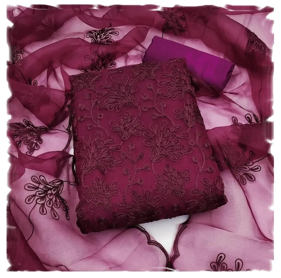 Women's Organza Embroidered Unstitched Salwar Suit Dress Material With Embroidery Work Dupatta (DM Plantt_Free Size)