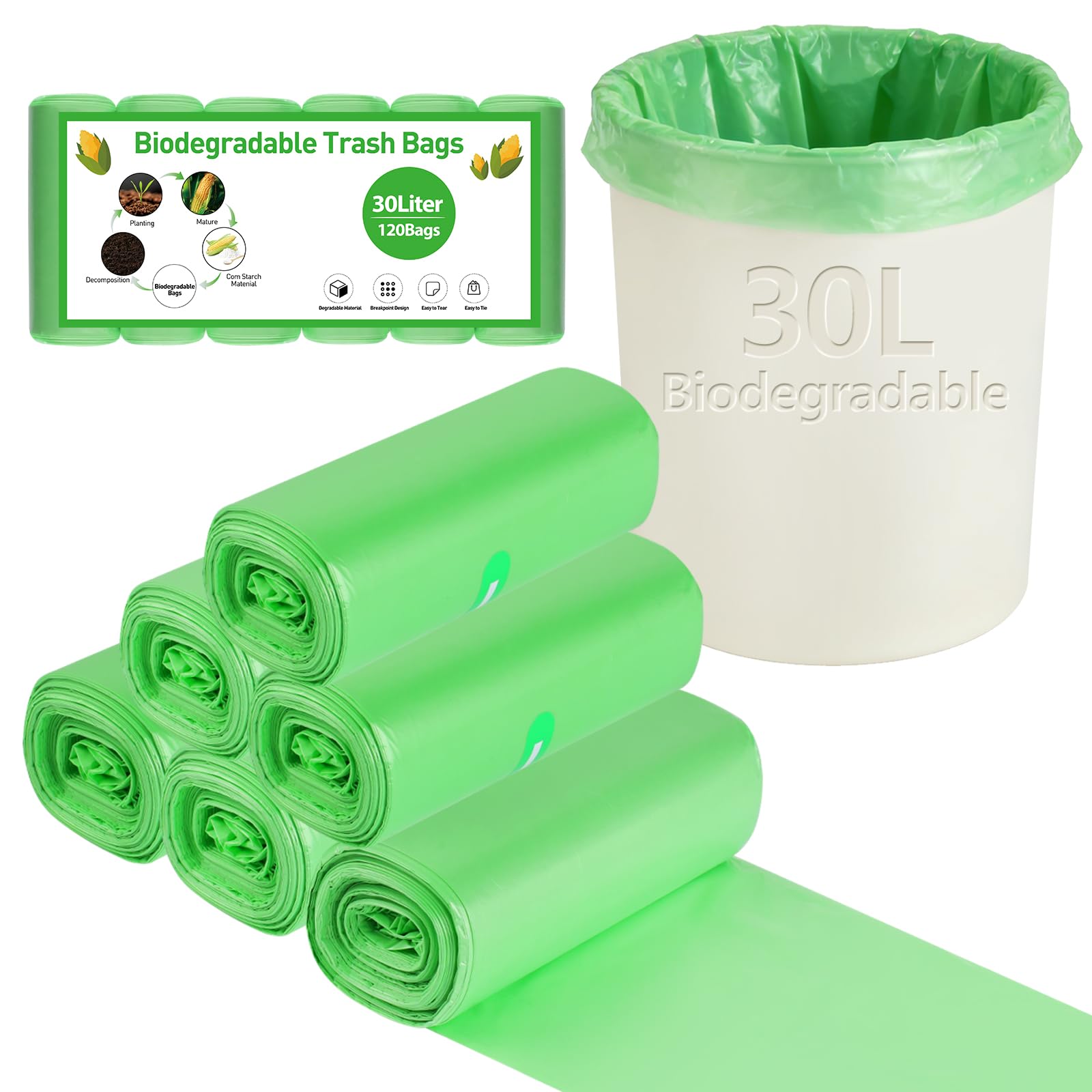30 Litre Bin Liners 120 Bags, Biodegradable Food Waste Garbage Bags, 30L Strong Compostable Trash Caddy Liners