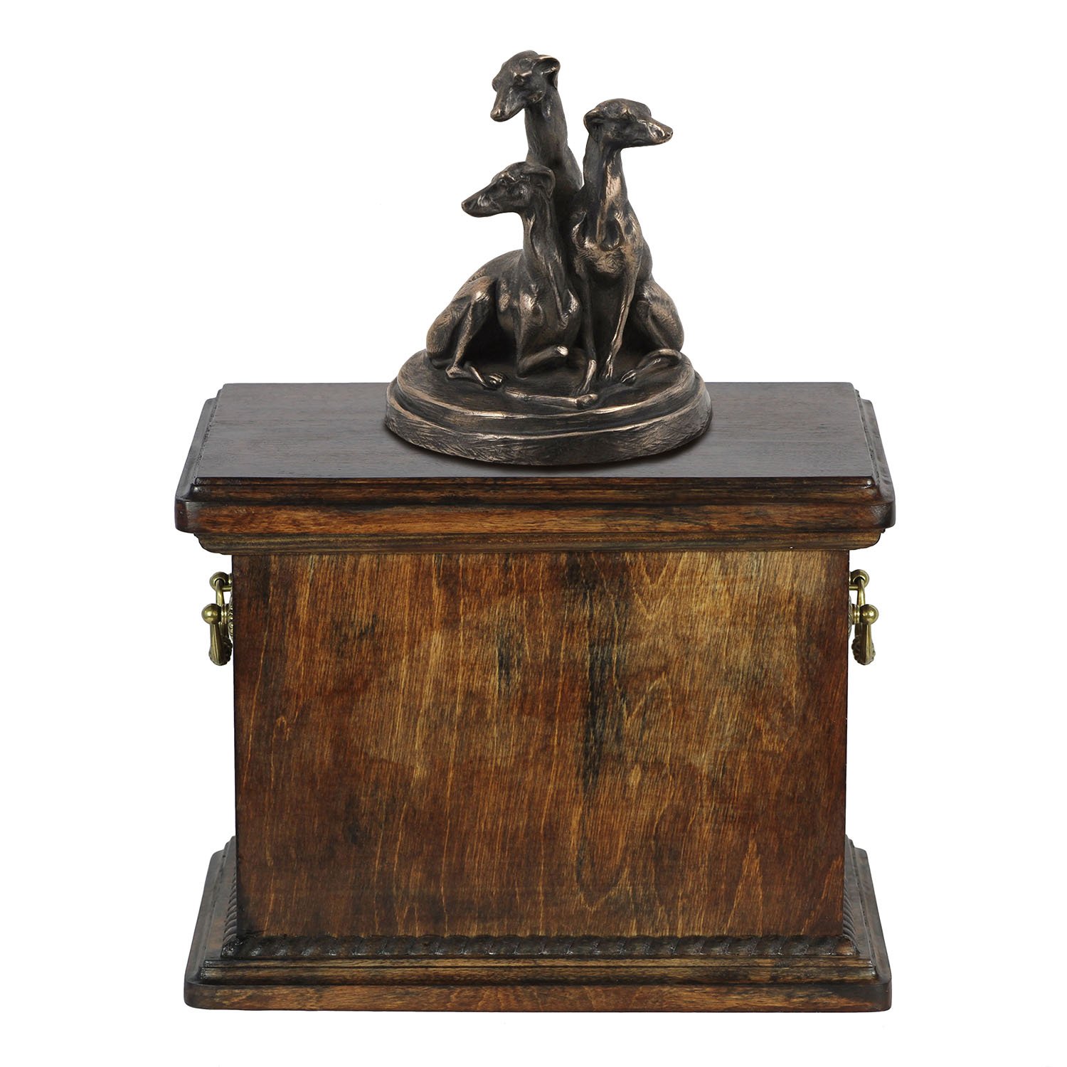 Urne pour les cendres de chien Whippets Art-Dog statue en bronze coulé et base en bouleau 38 cm