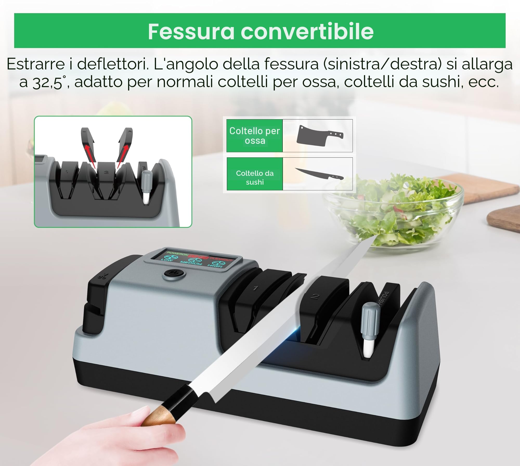 Affilacoltelli elettrico 5 in 1, 3 velocità di rotazione, affilacoltelli elettrico regolabile, adatto per coltello a lama dritta, dentati, da tritare e forbici