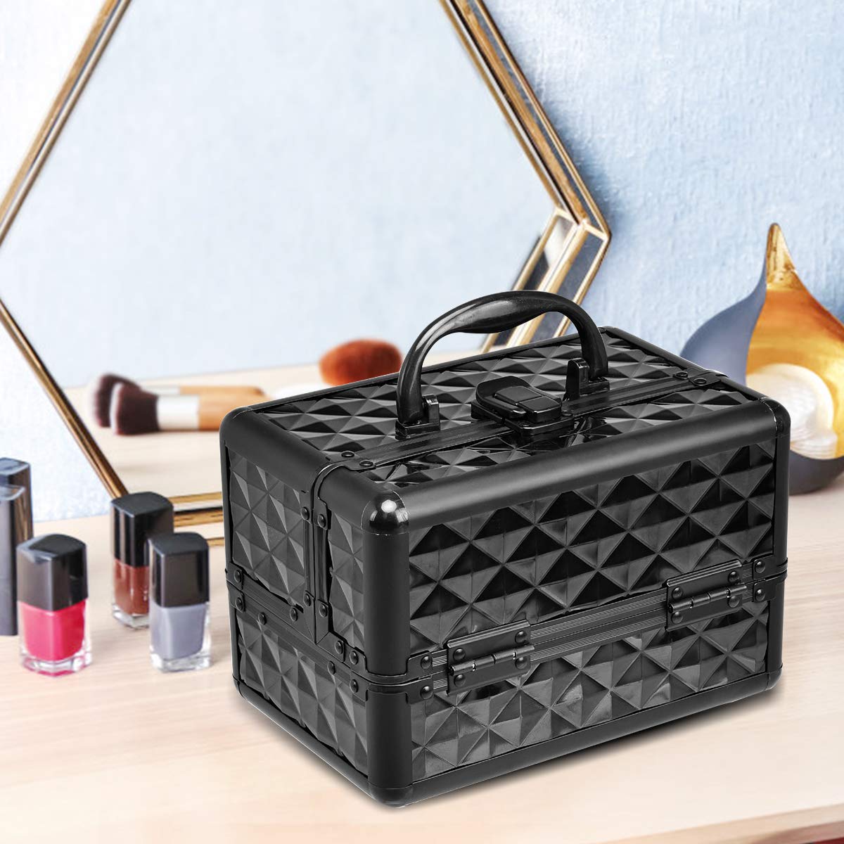 GIANTEX Valigetta per Cosmetici, Scatola Trucchi Professionale, Valigetta per Trucchi, con Specchio, Beauty Case, Pieghevole e Portatile, 23 x 15 x 18 cm