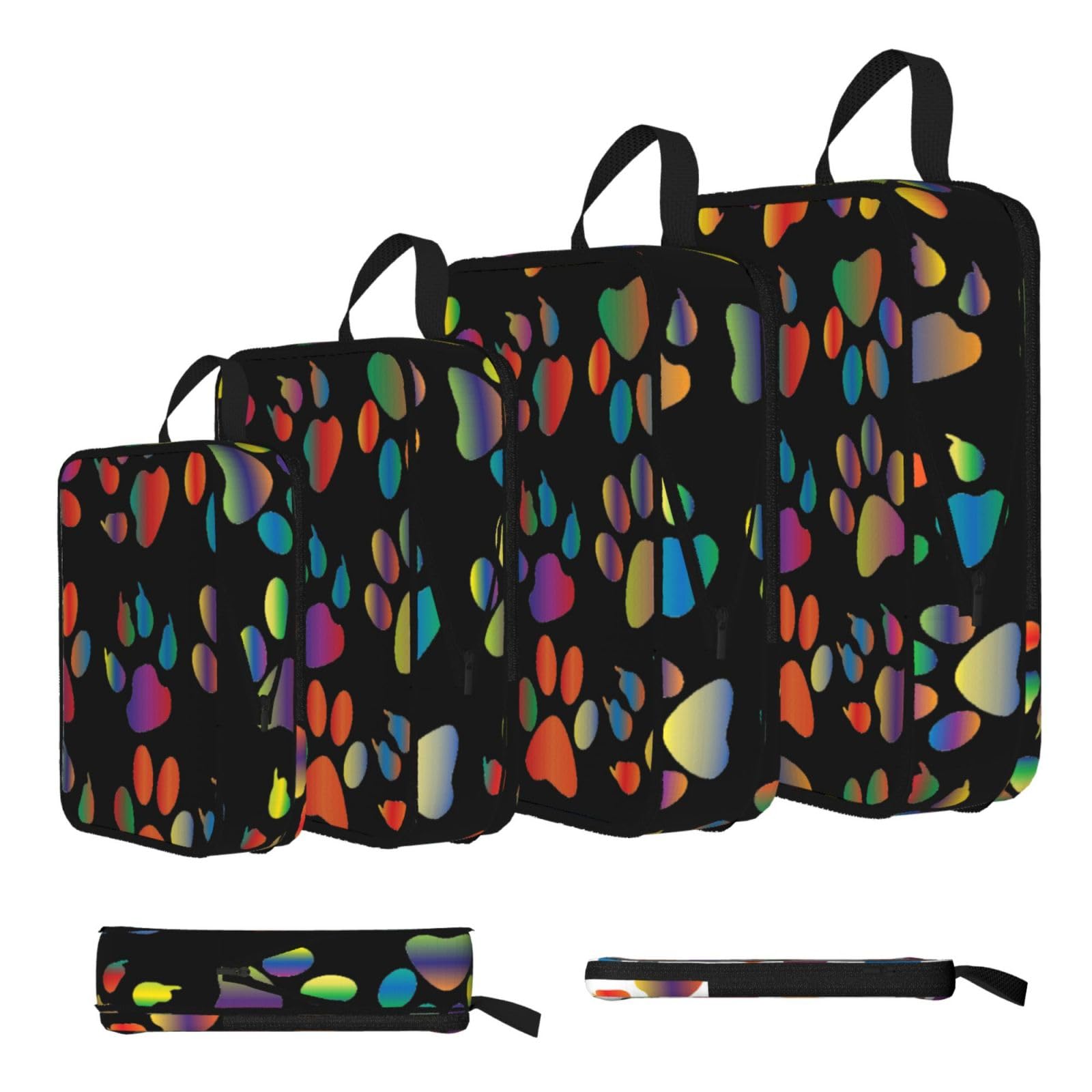 Colorful Dog Paw Print Compression Packing Cubes 4-Piece Set With Multi- Compartment Travel Bag, Waterproof Suitcase Organiser Bags