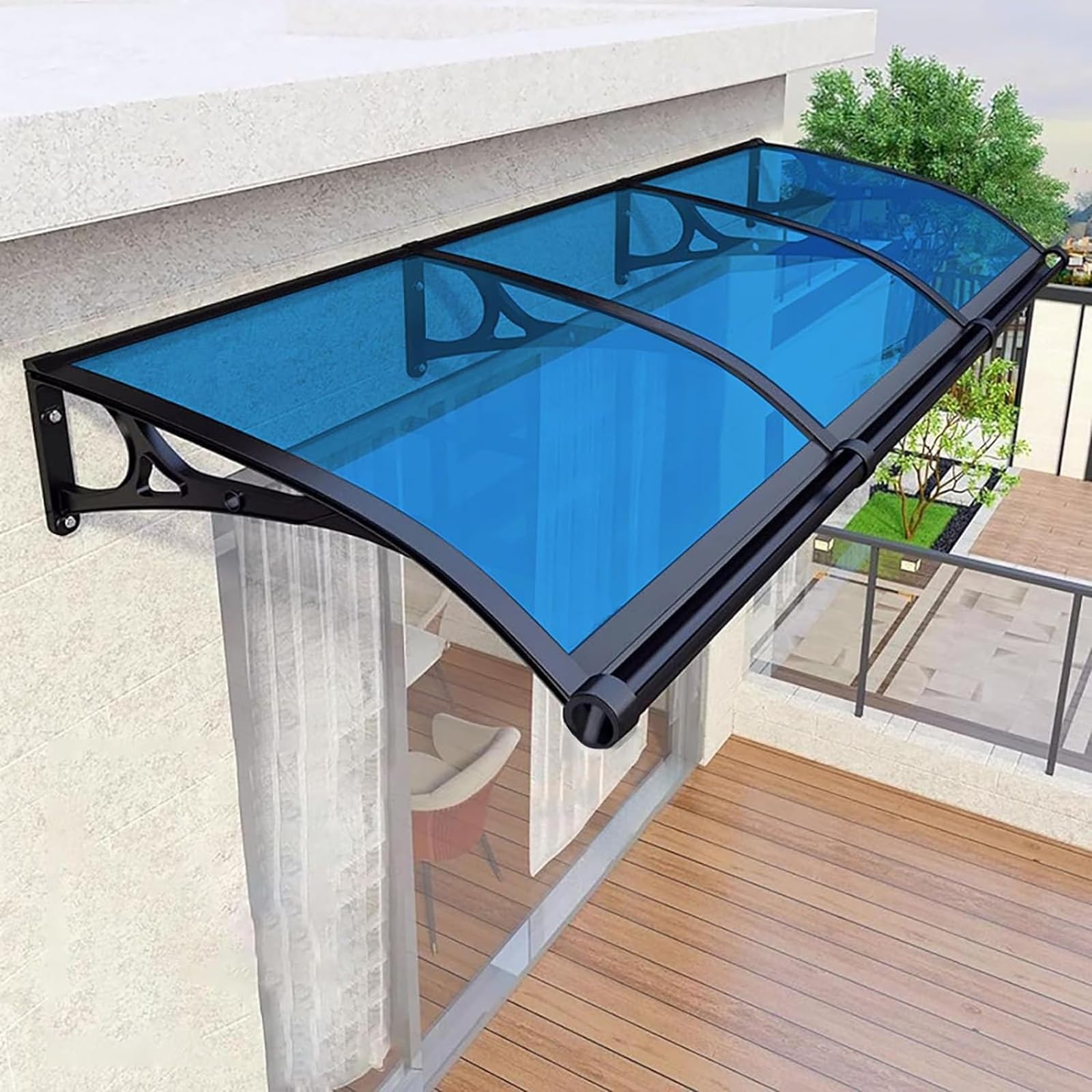 LWJSOCP Modern Polycarbonate Canopy for Front Door Overhead Patio Shelter UV & Rain Protection Outdoor Aw Hollow Sheet Blue 80x120cm