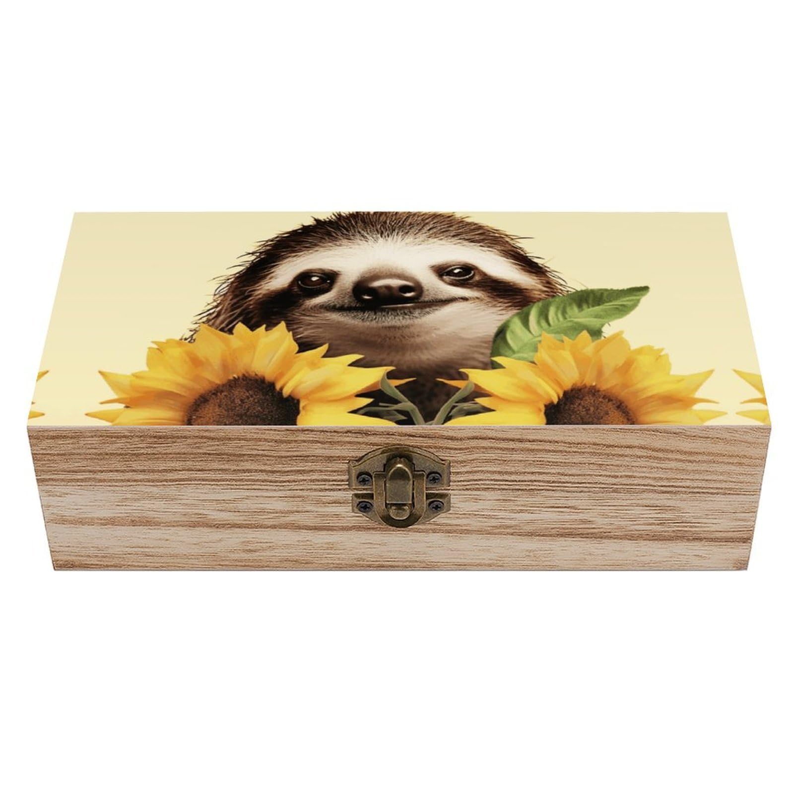 WAFICAC Sloth Sunflower Wooden Keepsake Box Wooden Box with Hinged Lid Decorative Storage Boxes Unique Gift Ideas for Men & Women Size 7.9" X 3.9" X 2.3"