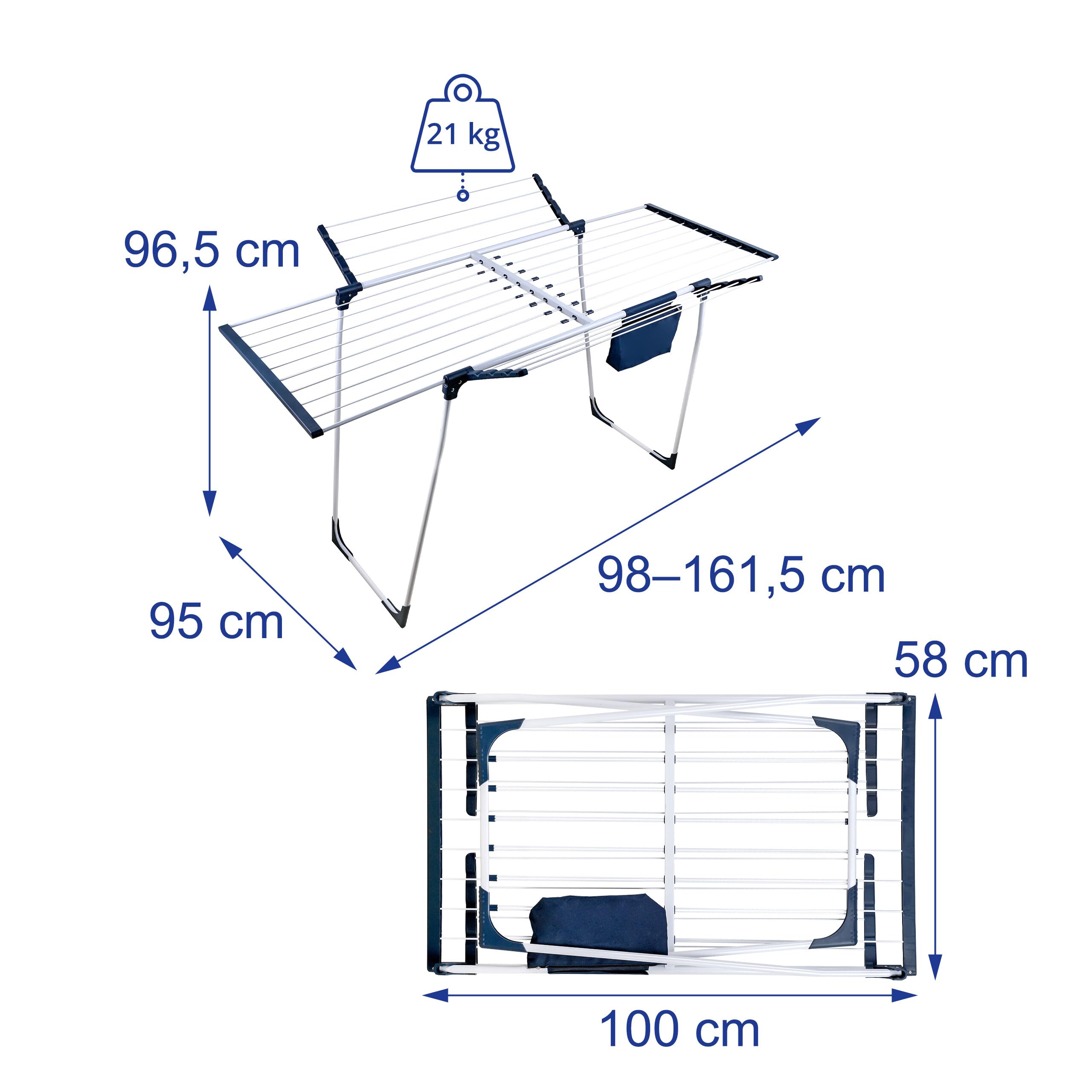Relaxdays Wäscheständer, klappbar, ausziehbar, weiß/blau | HBT: 96,5x98-161,5x95 cm, Metall, Klammerbeutel, Standtrockner