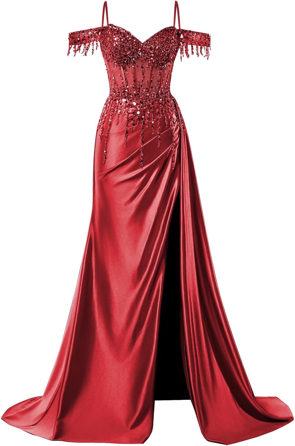 Off Shoulder Sequin Prom Dresses Long 2025 Satin Mermaid Formal Dresses Spaghetti Strap Evening Party Dress with Slit