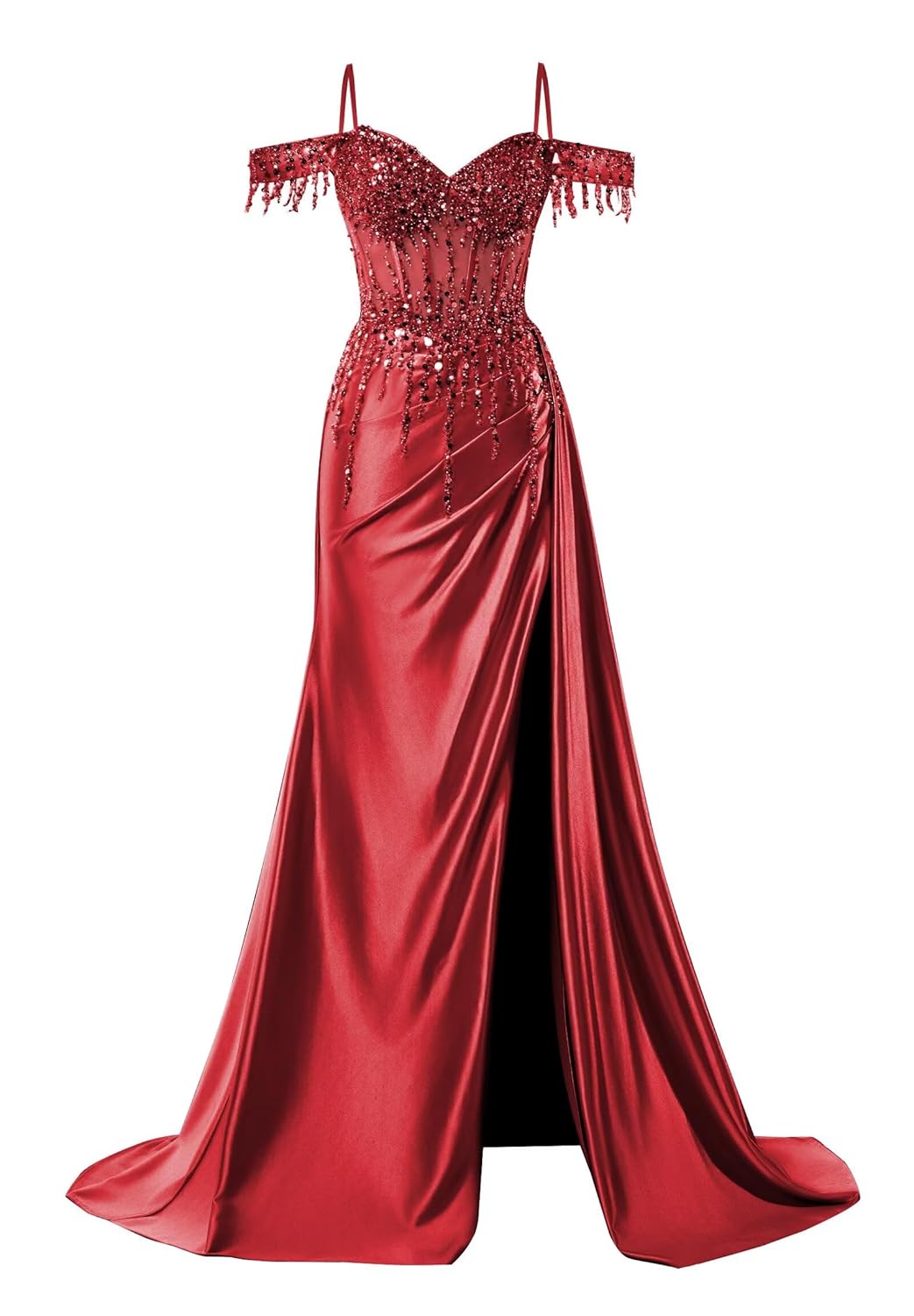 Off Shoulder Mermaid Prom Dresses Satin Corset Evening Gown Sequin Beaded Formal Dress with Slit