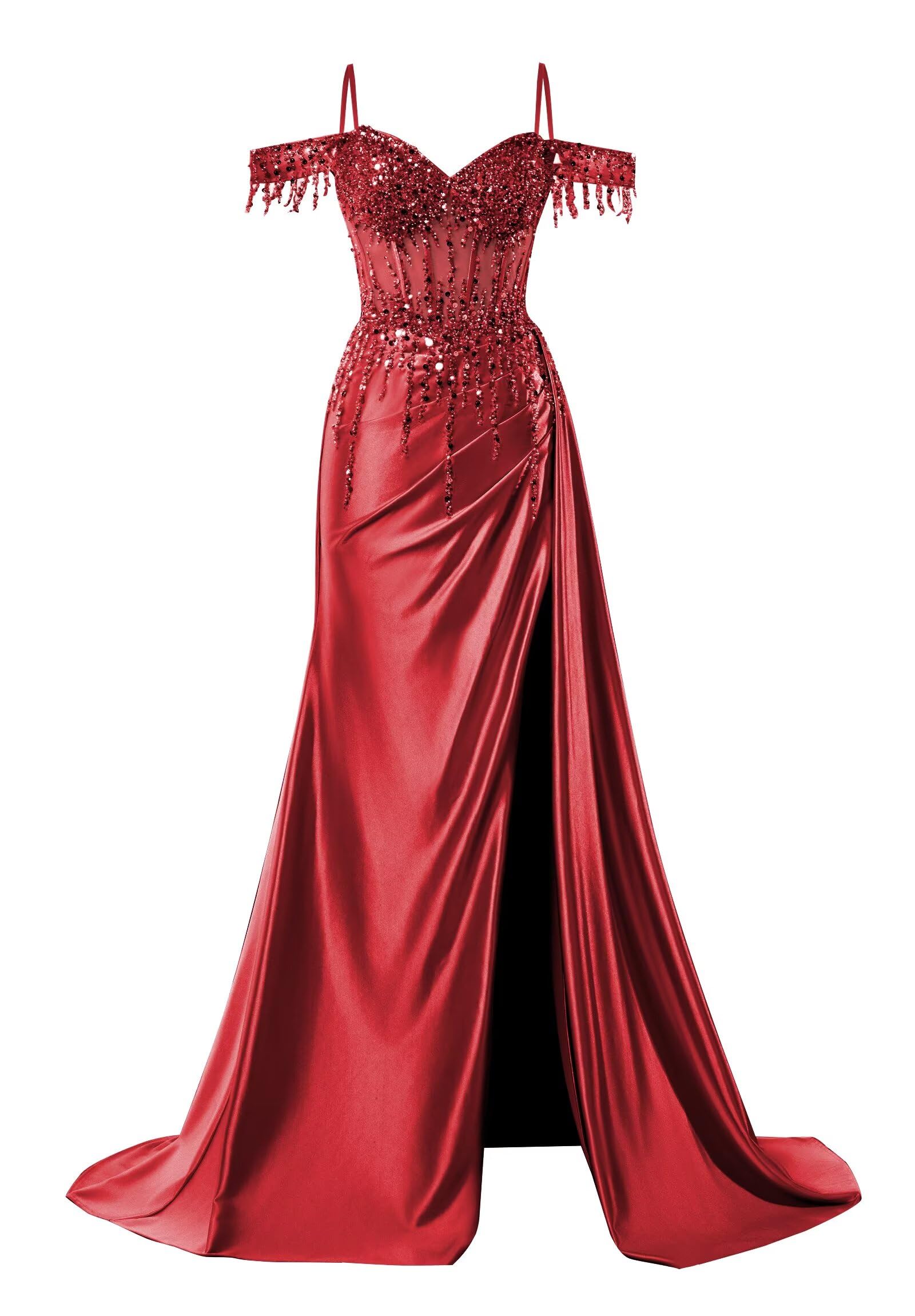Off Shoulder Mermaid Prom Dresses Satin Corset Evening Gown Sequin Beaded Formal Dress with Slit