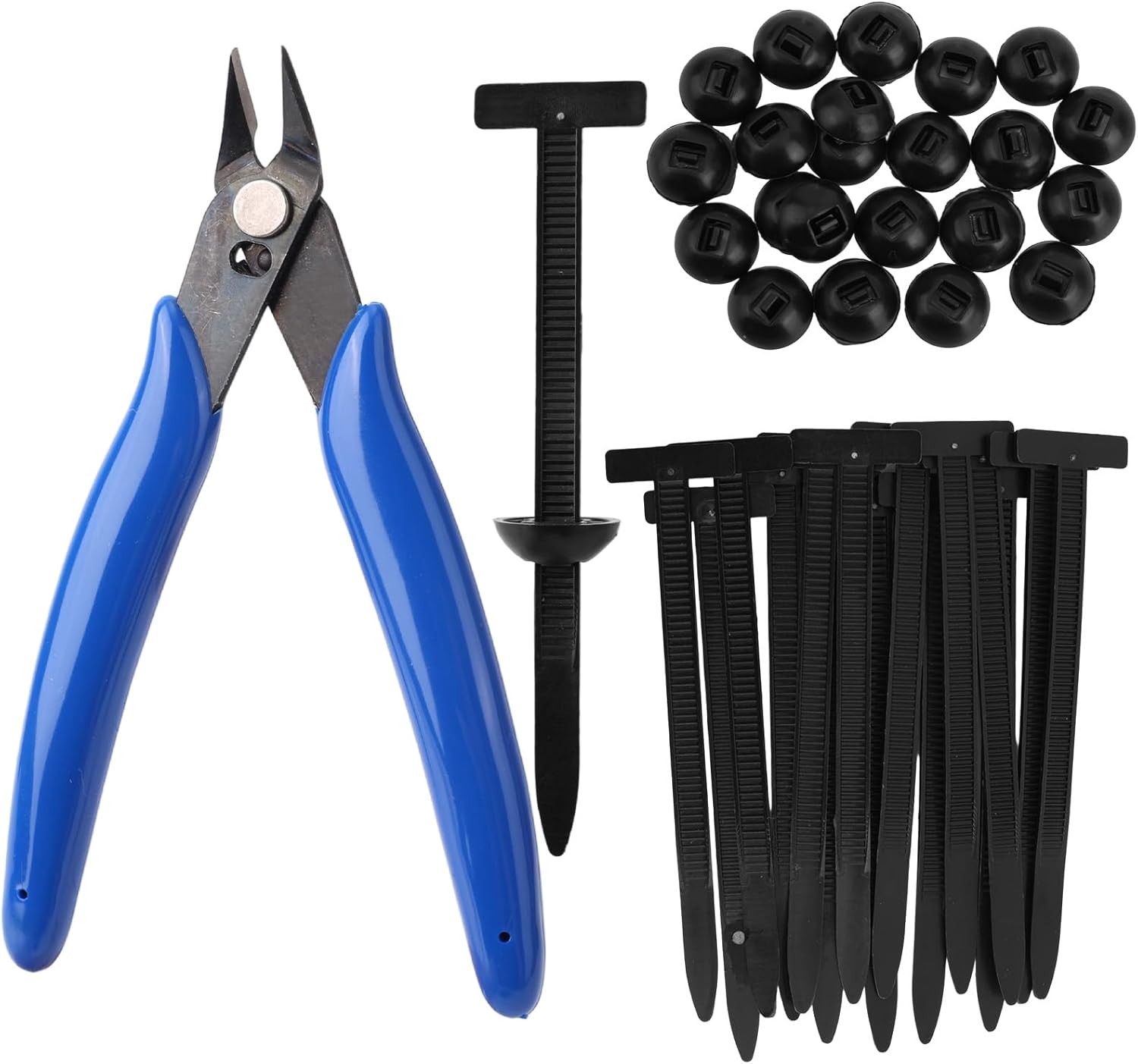 100pcs Automotive Zip Ties, Self-Locking Heavy Duty Nylon Cable Ties with Diagonal Pliers Universal Buckle & Pin Design Zipper Clips for Car Daily Repair