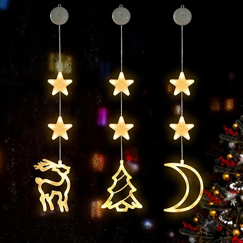 Miniatura 6 de EVOIONOS Luces navideñas para ventana, funcionan con pilas, con ventosa, paquete de 3 unidades, reno de luna y árbol de Navidad, luces de ventana de