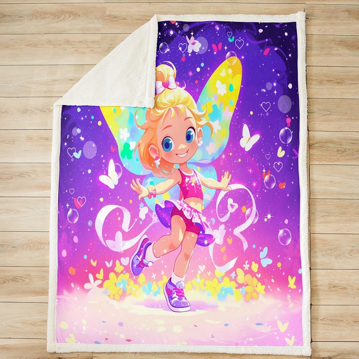 Cheerleading Gymnastics Fleece Blanket,Fantasy Glitter Butterfly Bed Blanket for Kids Teens,Cute Dancing Girls Flannel Blanket for Room Decor,Queen 90"x90"