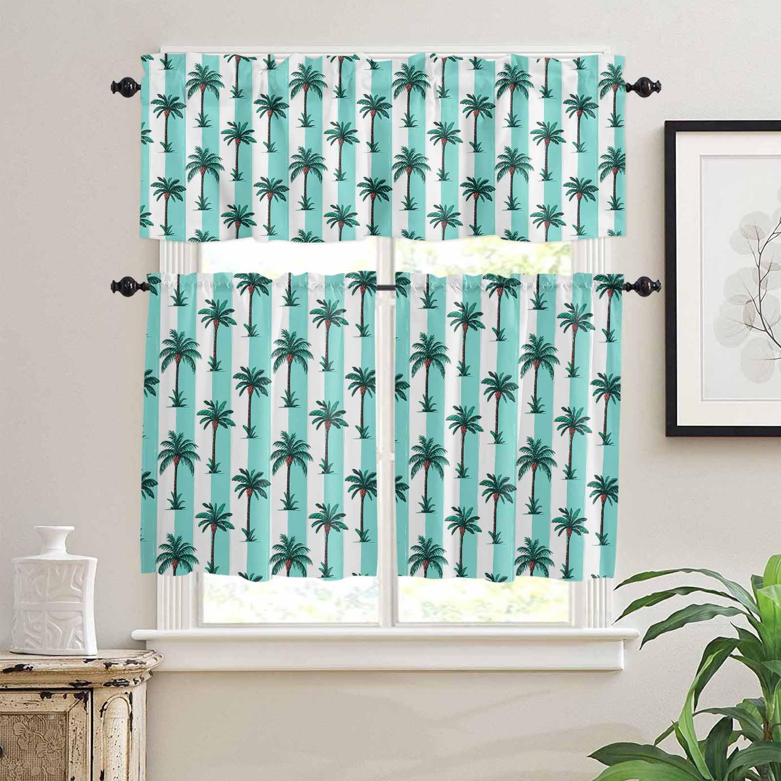 Palm Tree Striped Kitchen Curtains 24 Inch Length,3 Piece Rod Pocket Small Half Tiers and Valance Set,Summer Tropical Plant Turquoise Lines Small Large Window Treatment Decor for Bedroom/Bathroom