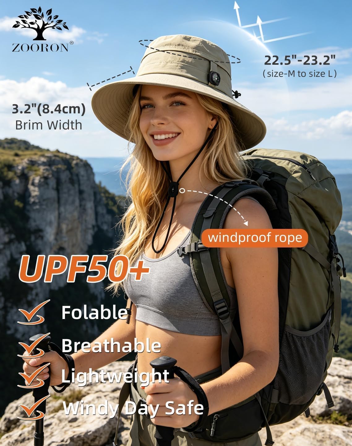 ZOORON Sun Hat for Men Women Detachable Compass, Boonie Hats UPF 50+ Fishing Hat, Lightweight Foldable Bucket Hats