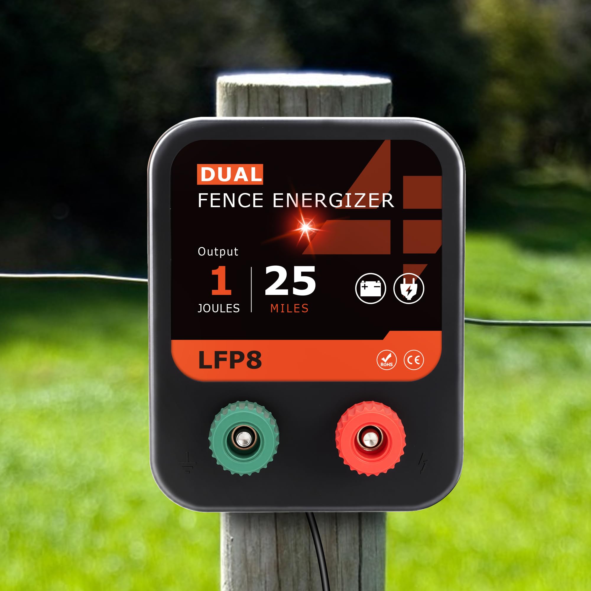 LFP8 - Energizador eléctrico de valla eléctrica de 12 V, salida de 1 julio, 25 millas, kit de valla eléctrica que incluye cables y estaca de tierra, alimentado por CC para caballo, vaca y otros