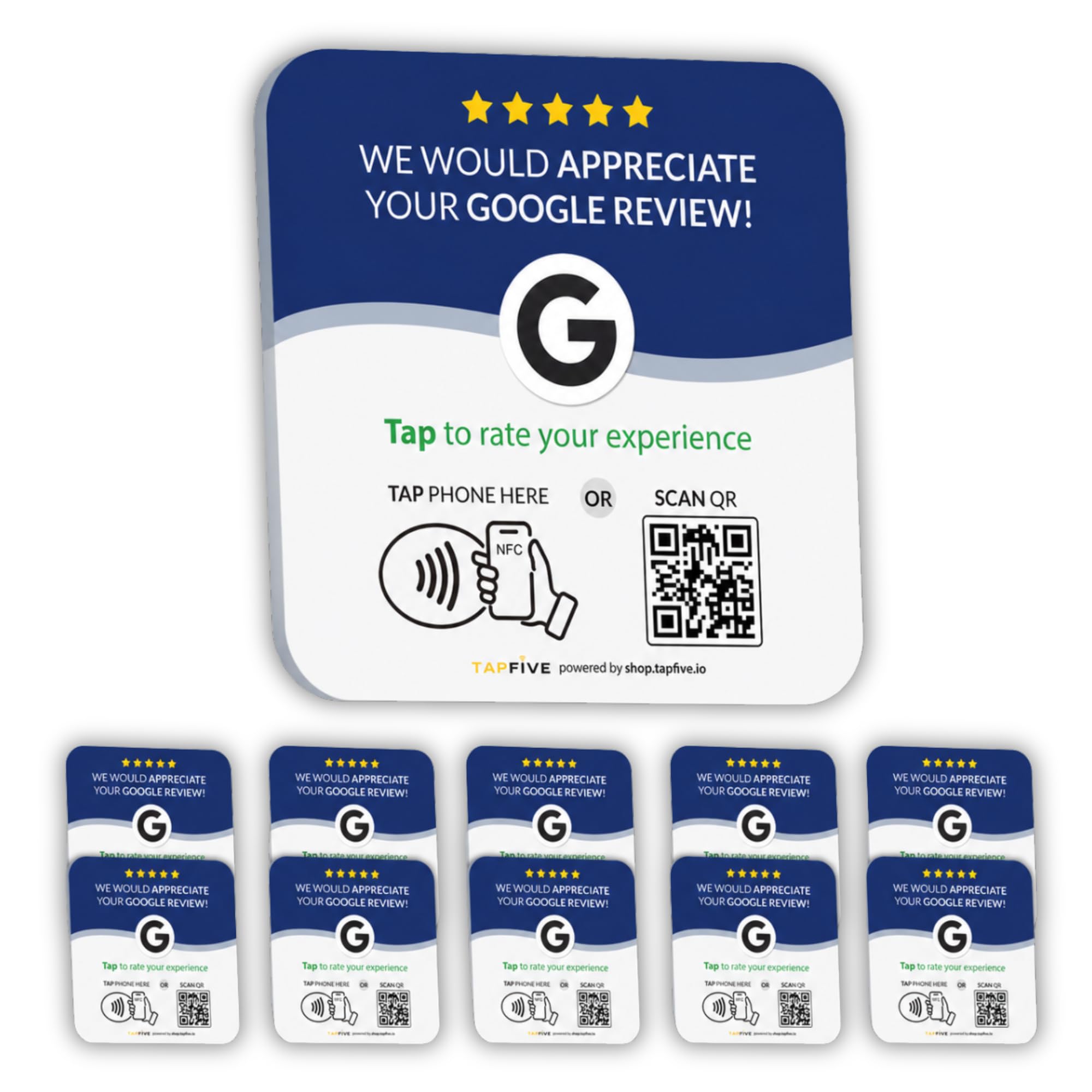 Google Review Card Plate (10-Pack) by TapFive – NFC Tap & QR Code Sign for Instant Reviews – Wall, Counter, POS with 3M Adhesive – All Phones – No Subscription (10 Plates)