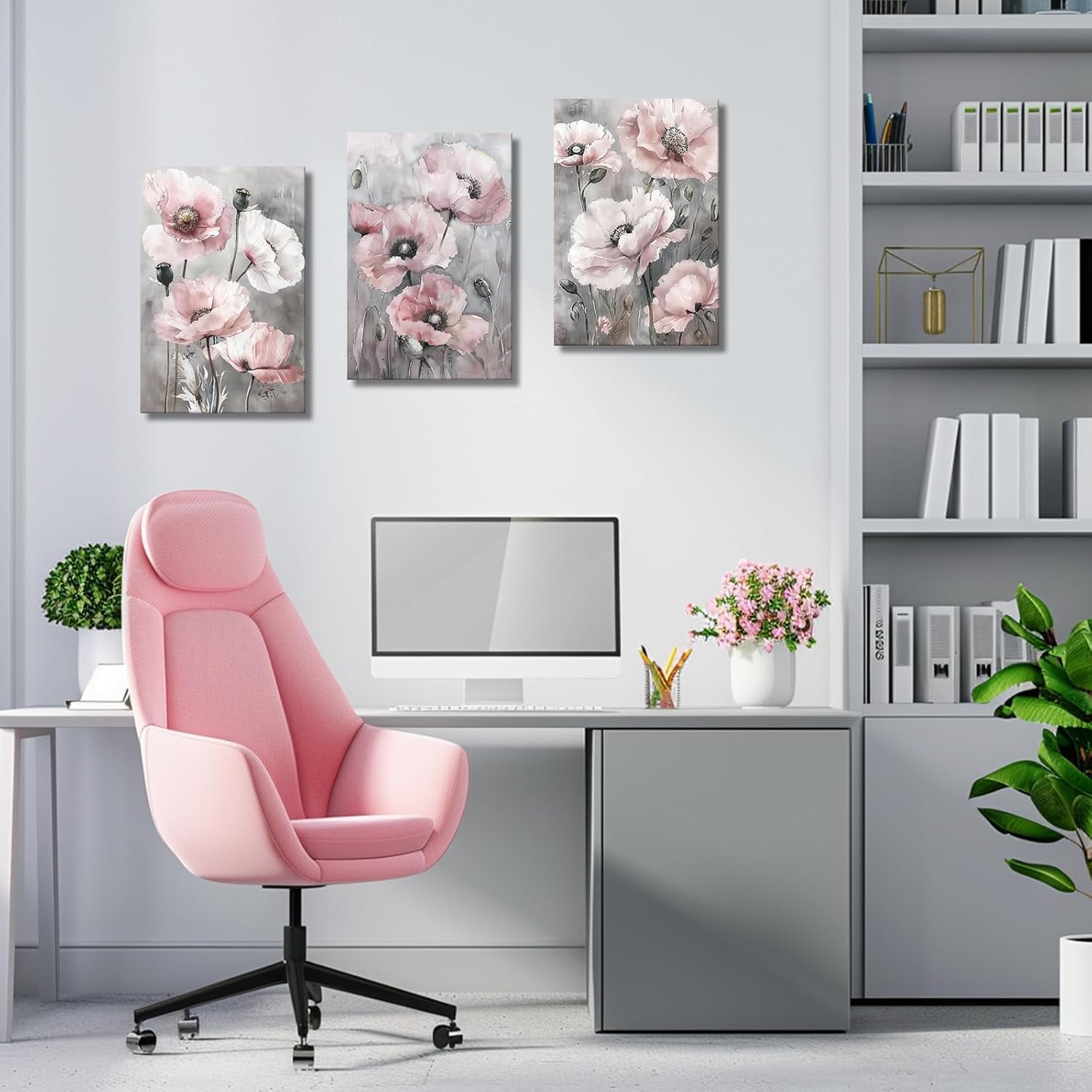 SWQYLB Pink Flower Wall Art 3 Pieces Pink and Grey Poppy Flowers Canvas Print Rustic Farmhouse Floral Pictures Wall Decor for Bedroom Office Framed (Grey, 12.00" x 16.00" x 3PCS)