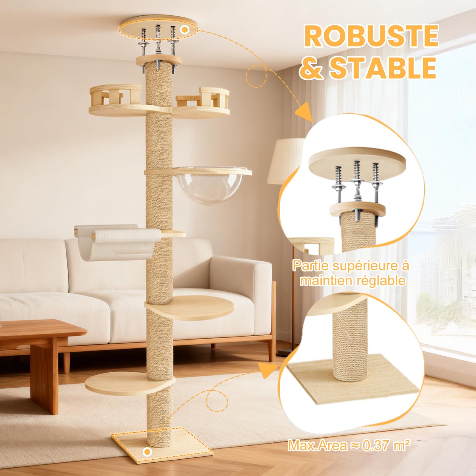 Arbre a Chat Plafond du Sol au Plafond, Arbre à Chat XXL de Hauteur Réglable de 2,95 à 3,1 m, Griffoir pour Chats avec Tour à 6 Niveaux avec 7 Poteaux à Griffer en Sisal (Jaune)