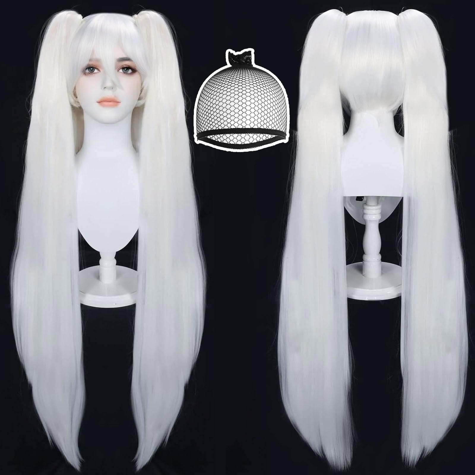 JoneTing 48inch/120cm Long White Wig (+ Hair Cap) with Double Ponytails Wigs for Women Long Straight Silver Ponytail Wigs With Bangs for Halloween White Hair for Cosplay Chrismas Party Wig for Coser