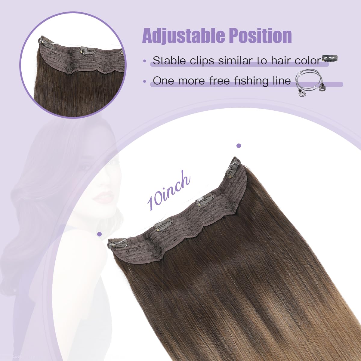Wire Hair Extensions Remy Human Hair Color 2 Dark Brown to 8 Ash Brown Hair Extensions Natural Straight Hairpiece With Secret Fish Line 14 Inch 70g(#2T8-14inch) - Image 3