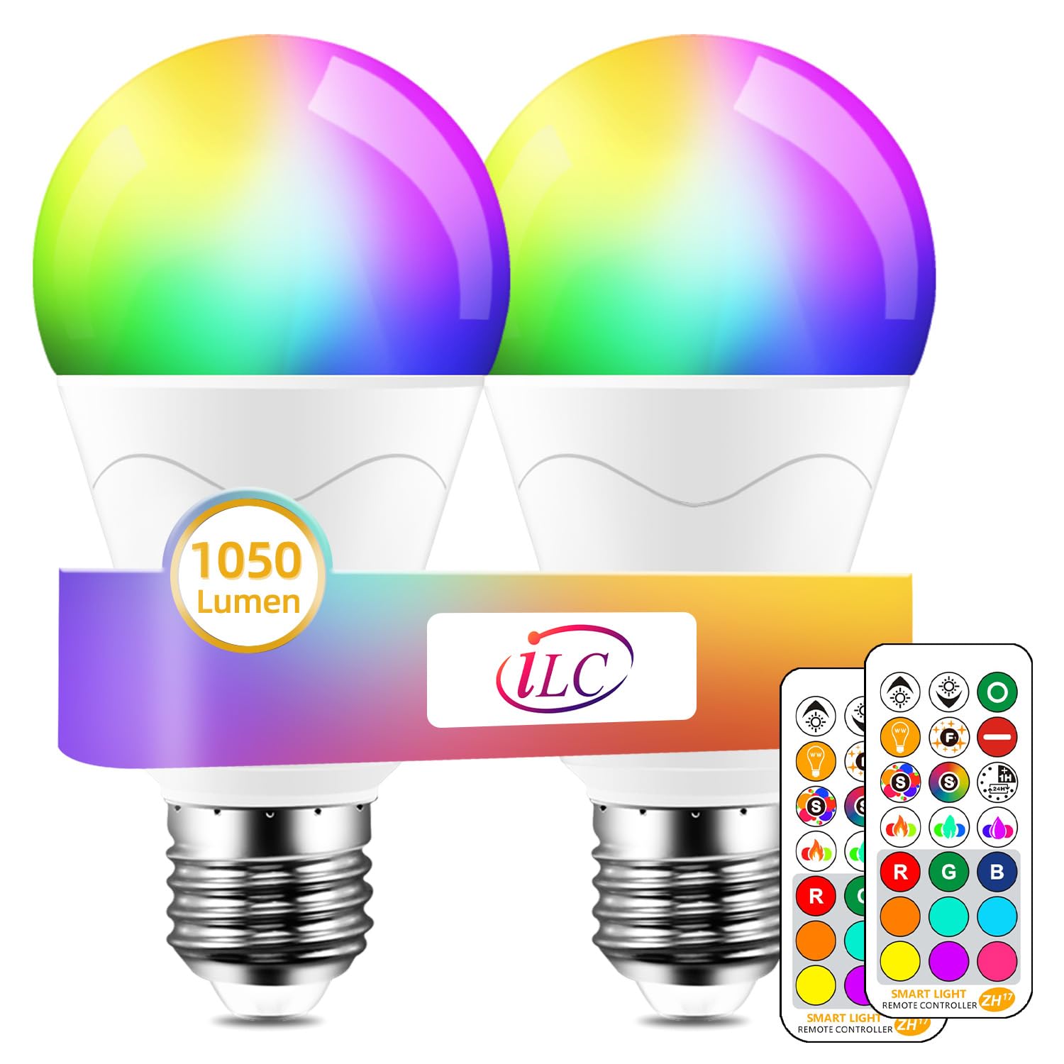 LED Light Bulb 85W Equivalent, 5700K Daylight White Color Changing Light Bulbs with Remote Control RGB 6 Modes, Timing, Sync, Dimmable E26 Screw Base (2 Pack)