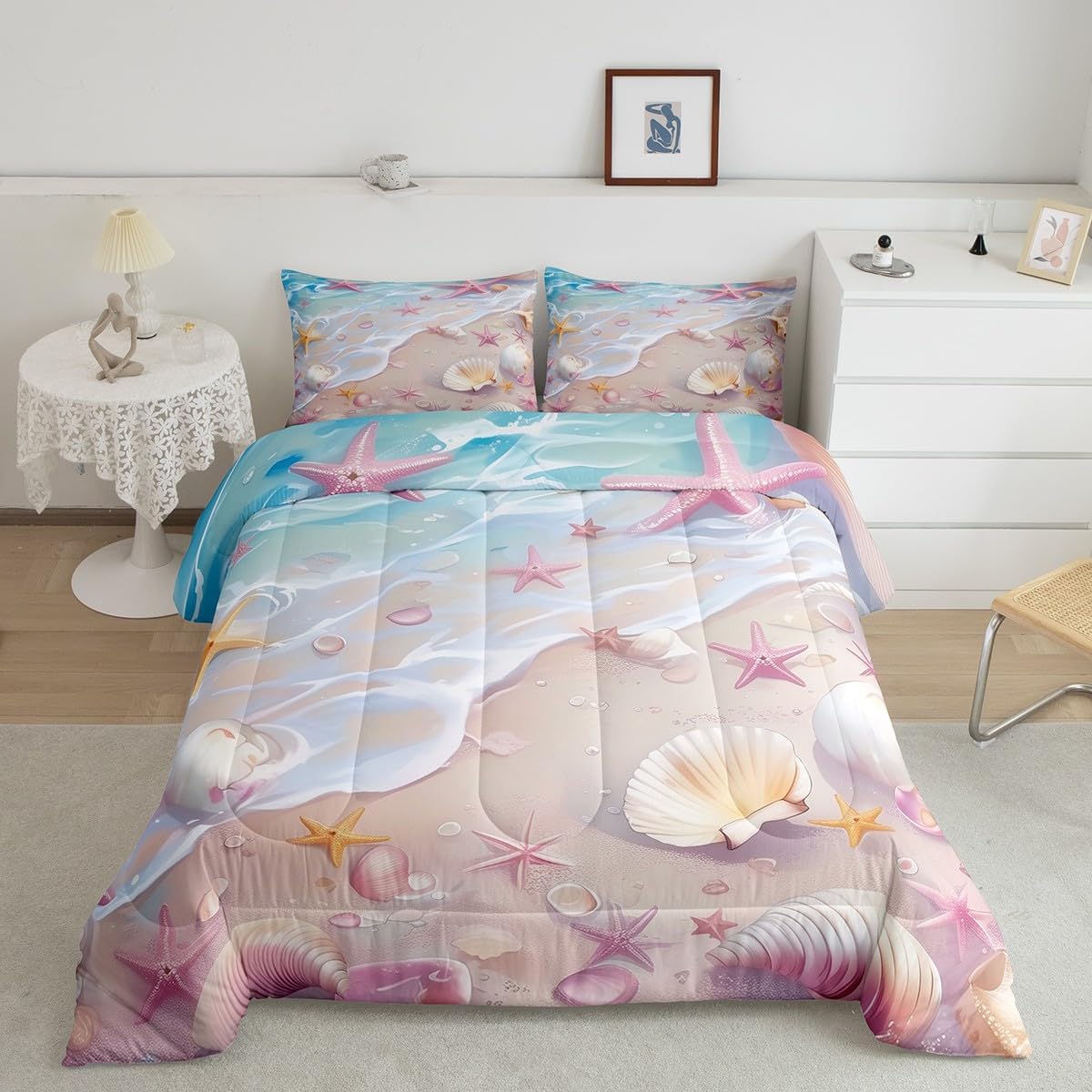 Castle Fairy Pink Blue Beach Comforter Set Full Size,Starfish Shell Conch Bedding Set,Romantic Hawaii Ocean Theme Quilt Set for Kids Girls Boys Women Room Decor,Summer Sea Romantic Duvet Insert 3Pcs