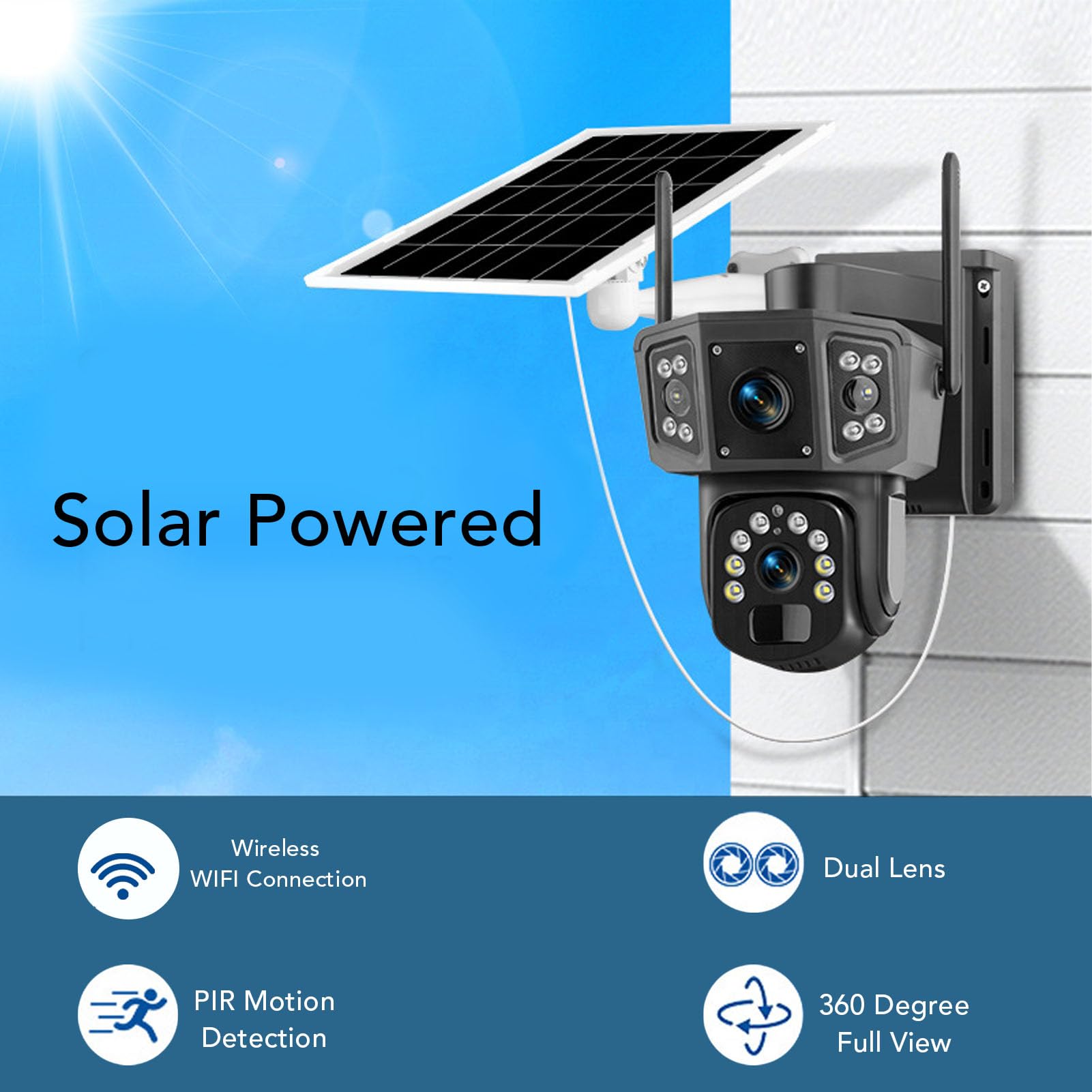 Cuifati Outdoor Solar Security Camera, 8MP Zasilany baterią Podwójny Obiektyw Kamera Bezpieczeństwa Wi -Fi z Wykrywaniem Ruchu PIR, 360 Stopni Widok Domowy Aparat do Zabezpieczenia Domu