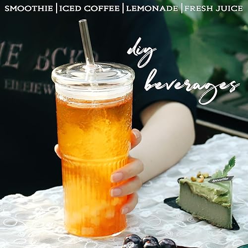 Miniatura 7 de Puraville Vasos de vidrio de 20 onzas con tapas y pajitas, paquete de 2 vasos de café helado de borosilicato alto para batidos, agua, té, bebidas