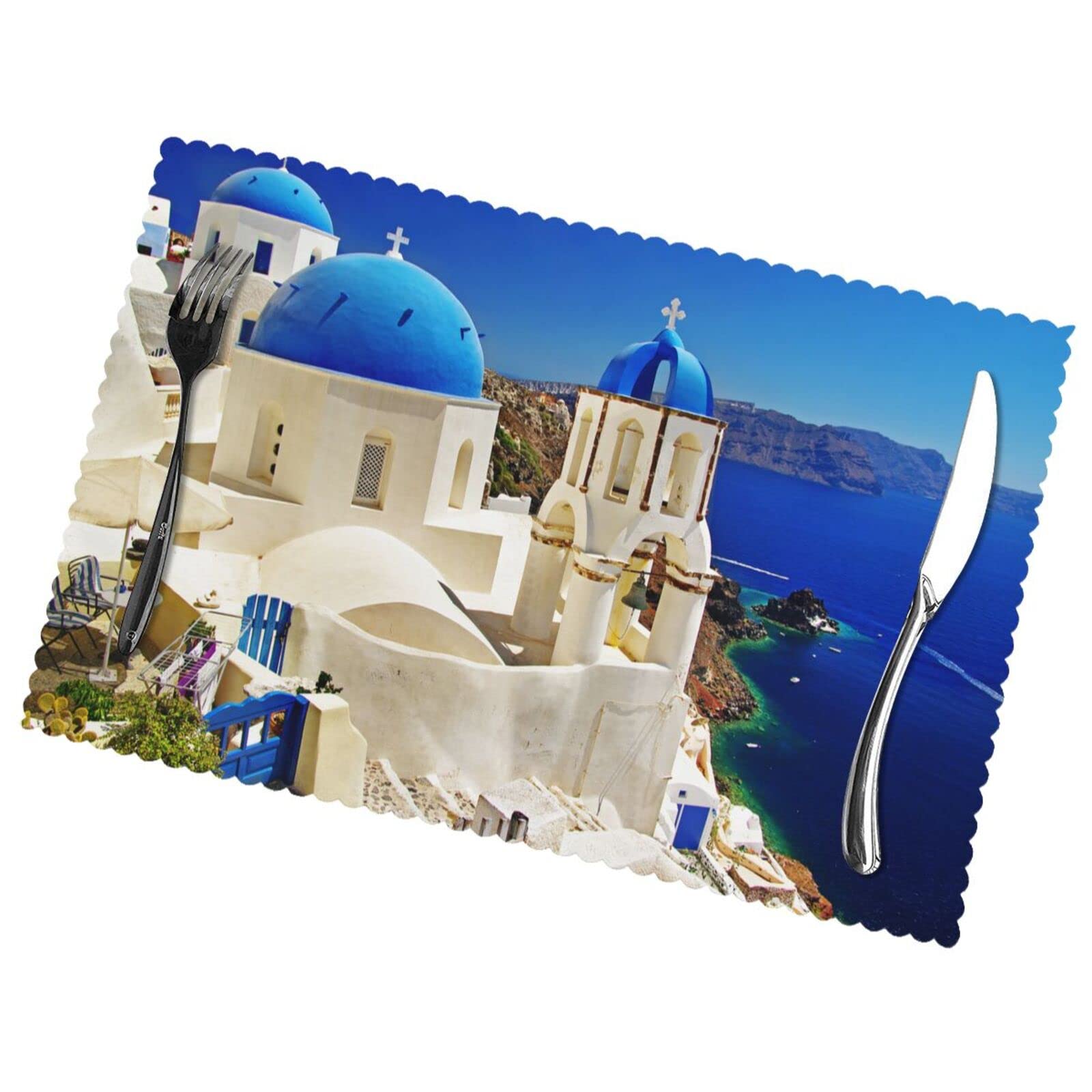 Santorini Greek Island Sea View Print Premium Oil And Heat Resistant Placemats For Dining Table Set (6-Pack) - 12x18in