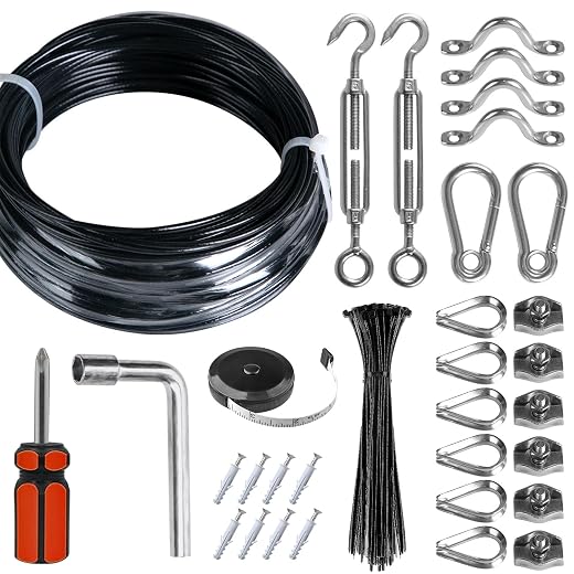 Brightown String Lights Hanging Kit for Outdoor, Includes 100Ft Stainless Steel(304) Suspension Rope Cable in Black Vinyl-Coated, Turnbuckle, Thimble, Hooks. Heavy Duty and Easy to Install