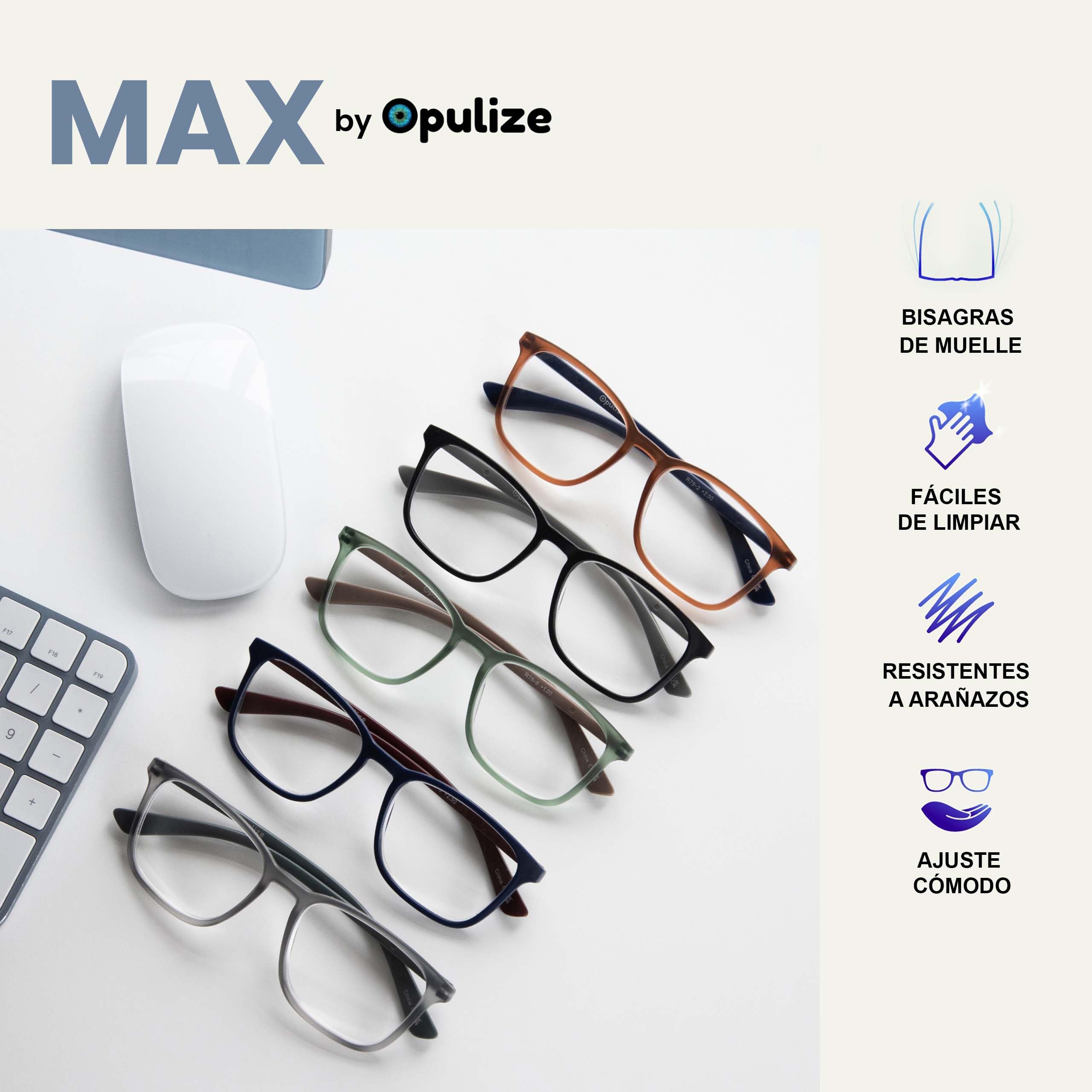 OPULIZE Max Gafas de Lectura - Pack de 3 - Marco Rectangular Clásico Grande - Negro Mate Azul Gris - Unisex Hombres Mujeres - Bisagras de Resorte - RRR78-137 - +1.50 - 5