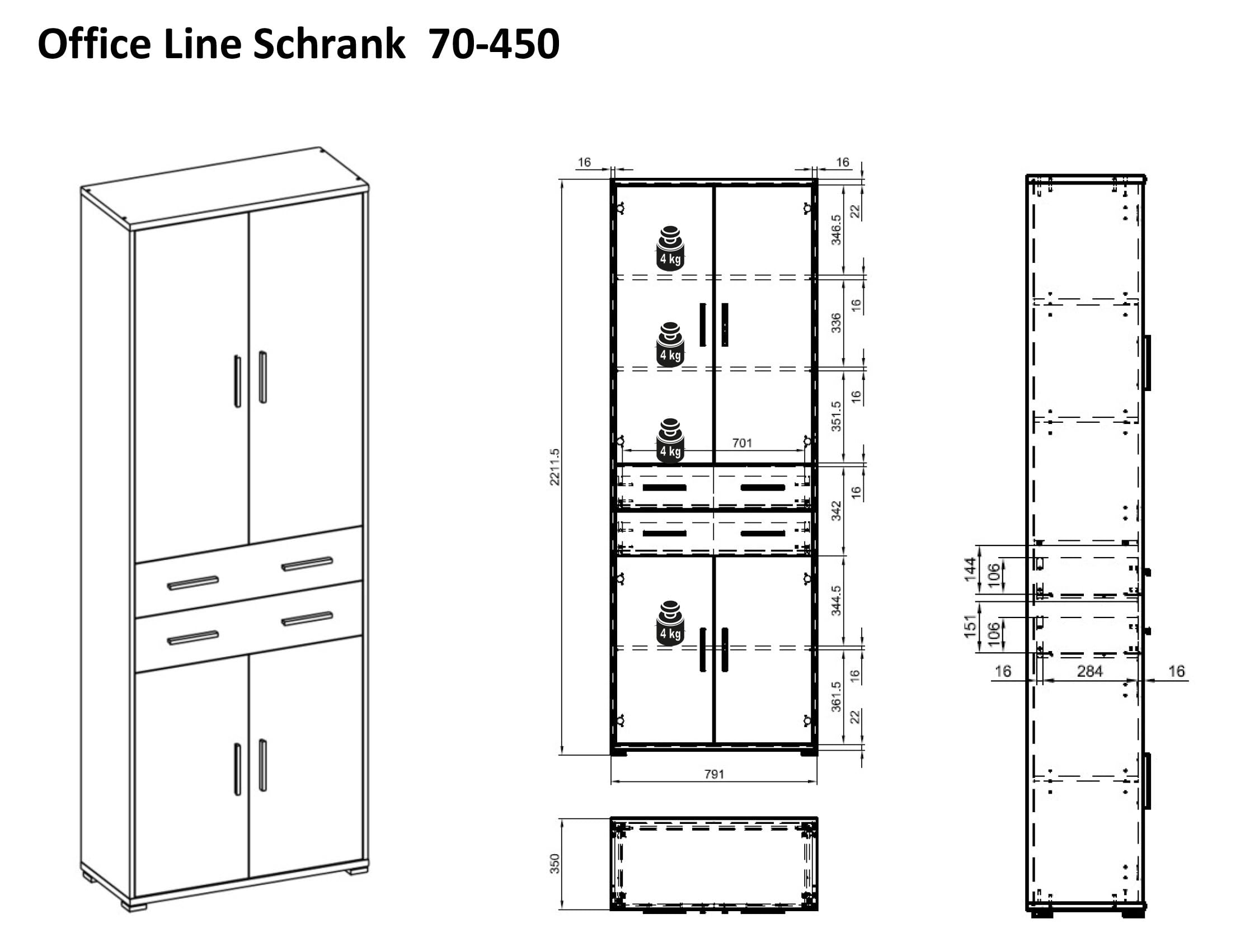 Stella Trading Office Line Aktenschrank Eiche Sonoma Optik 4 Türen Büroschrank Holzwerkstoff 79 x 220 x 35 cm