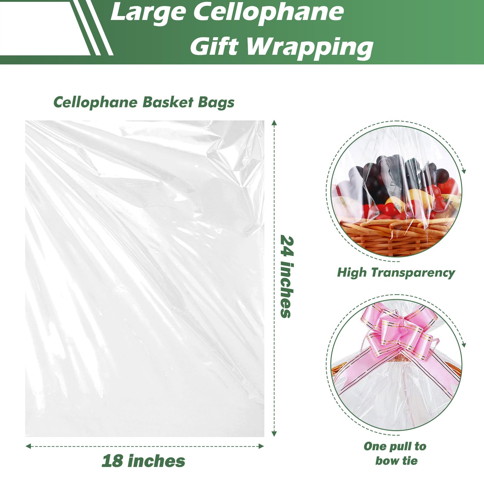 UltraOutlet Paquete de 100 bolsas grandes de celofán transparente de 18 x 24 pulgadas, bolsas de celofán transparente de 2.3 mil de grosor para cesta de frutas, envoltura de regalo, golosinas, artes y