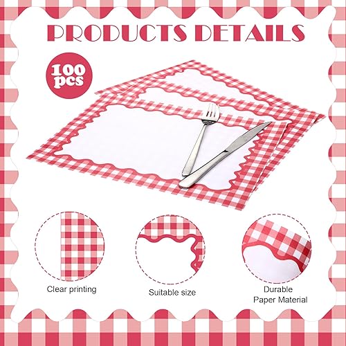 Miniatura 10 de 50 manteles individuales desechables de papel de guinga rojo para verano, picnic, barbacoa, doble cara para baby showers, bodas, cumpleaños, fiestas