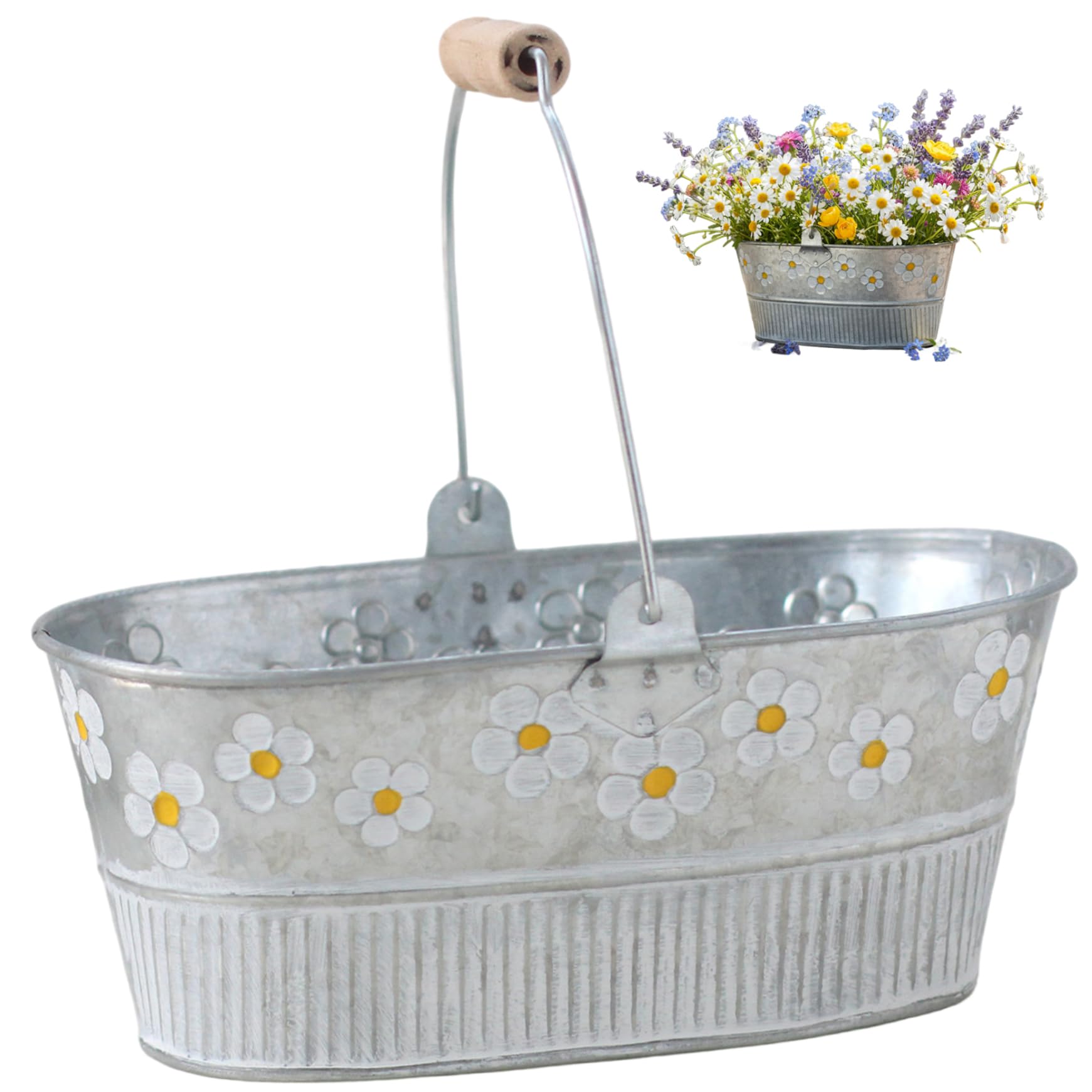Monwssoe Flower Pots, Galvanized Flower Bucket, Large Metal Planter for Outdoor Plants, Rustic Tin Container for Farmhouse Decor, Oval