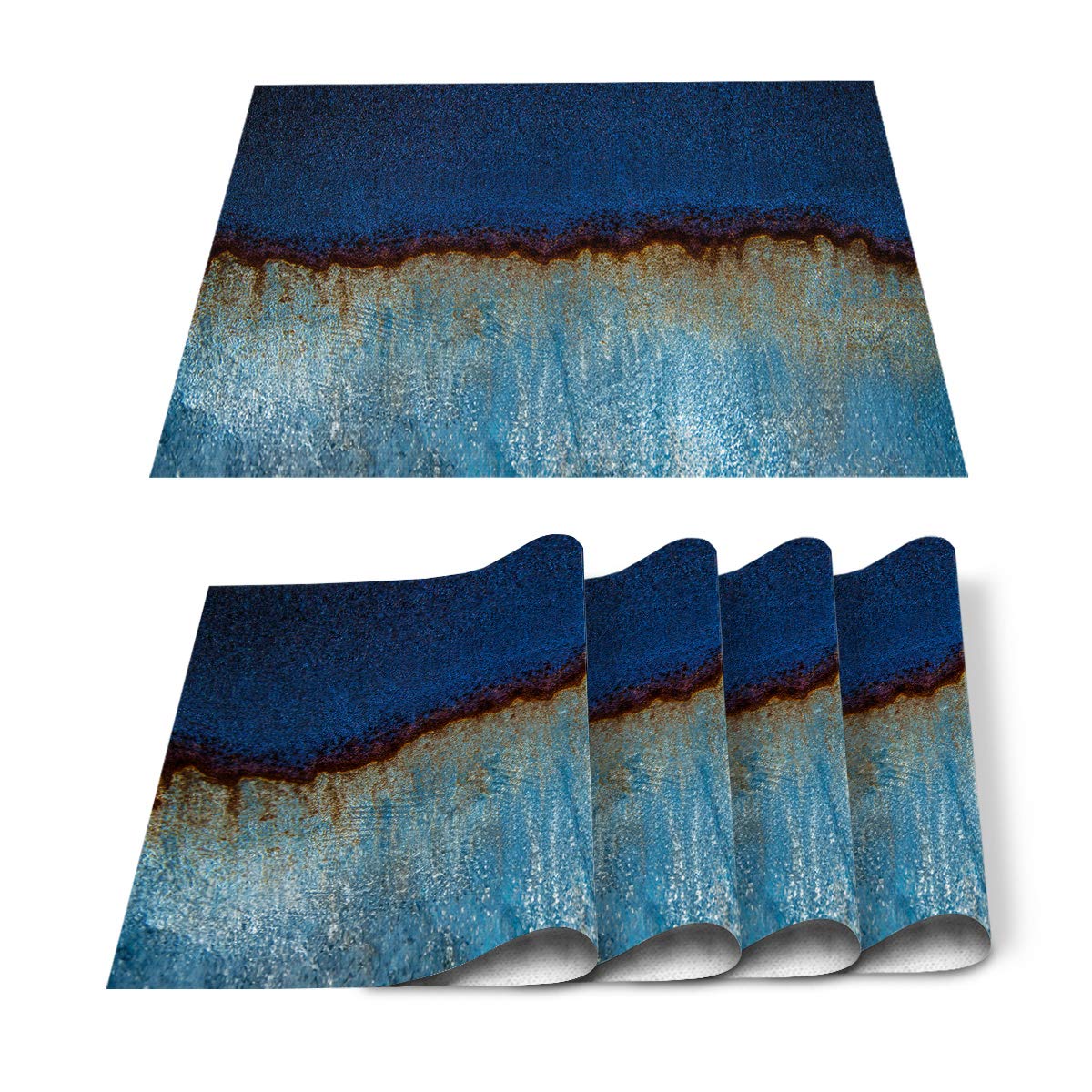 Chic D Vintage Marble Texture Blue Indoor Placemat Set of 6, Non-Slip Placemats for Kitchen/Dining Table/BBQ/Patio/Parties, 12"x18" Washable Durable Cotton-Linen Table Mats, Rustic Metal