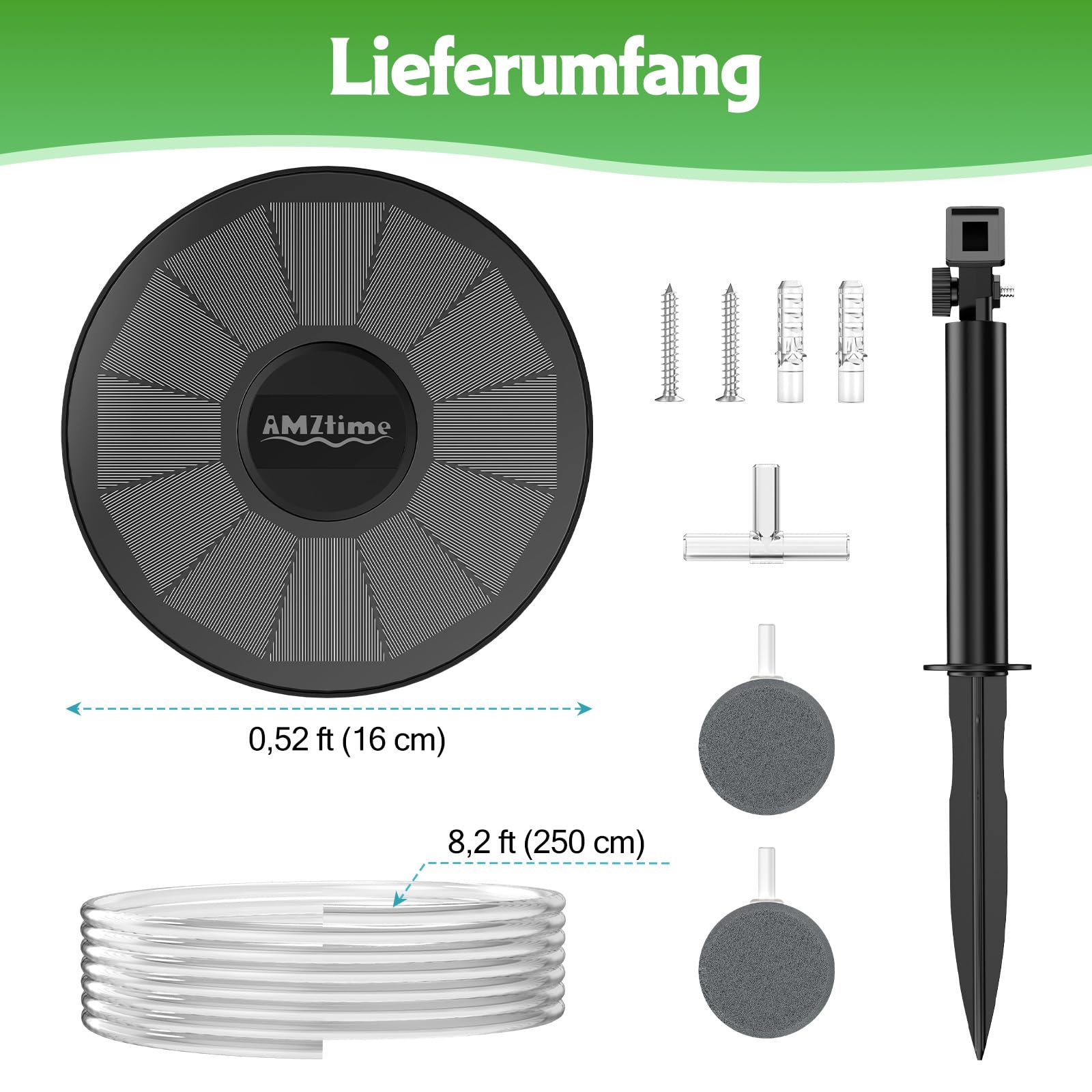 AMZtime 3W Solar Teichbelüfter mit 2200 mAh Akku, Integriertes Teichbelüfter Sauerstoffpumpe mit rundem Solarpanel, Sauerstoff Luftpumpe Teich 2 Modi 2 Luftsteine für Gartenteich, Angeln