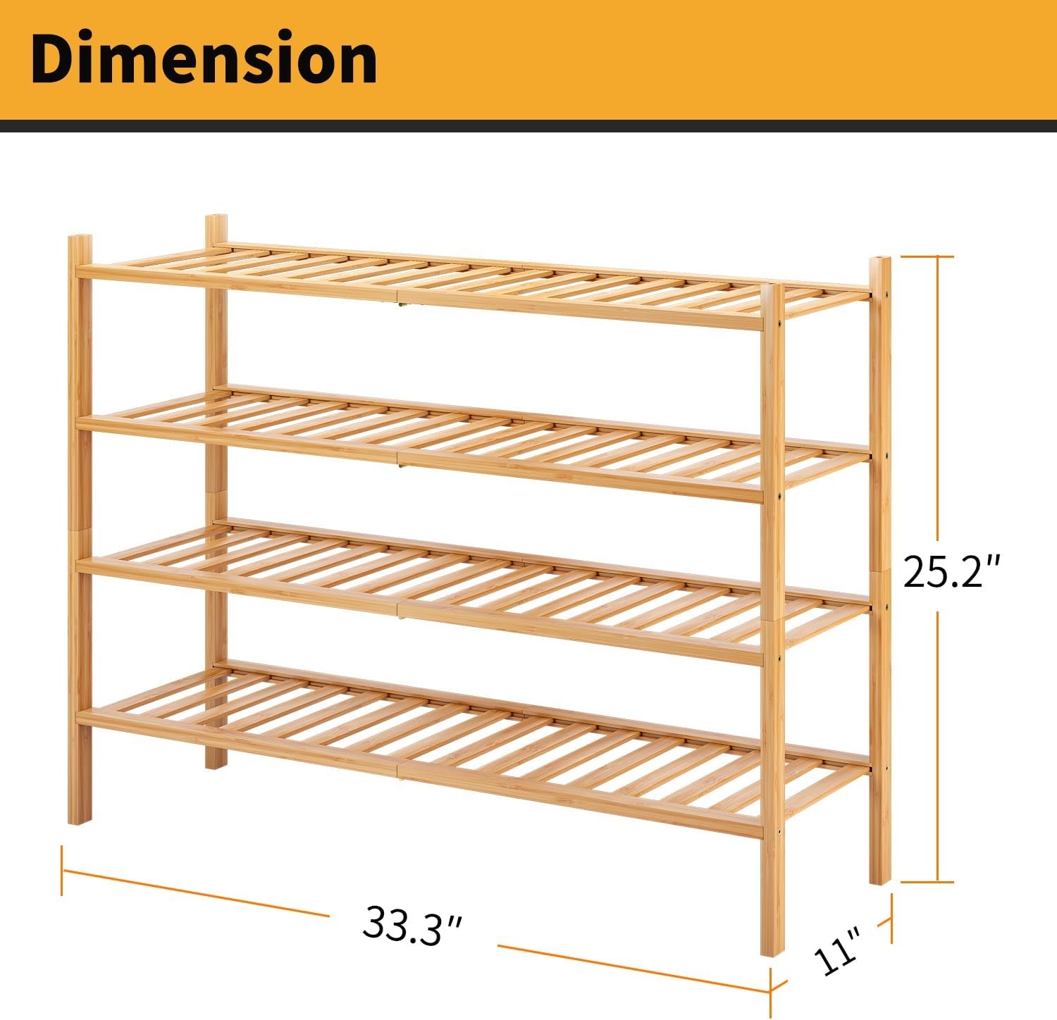 Long Shoe Rack, 4-Tier Bamboo Stackable Shoe Shelf Storage Organizer, Shoe Stand for Closet, Entryway and Hallway