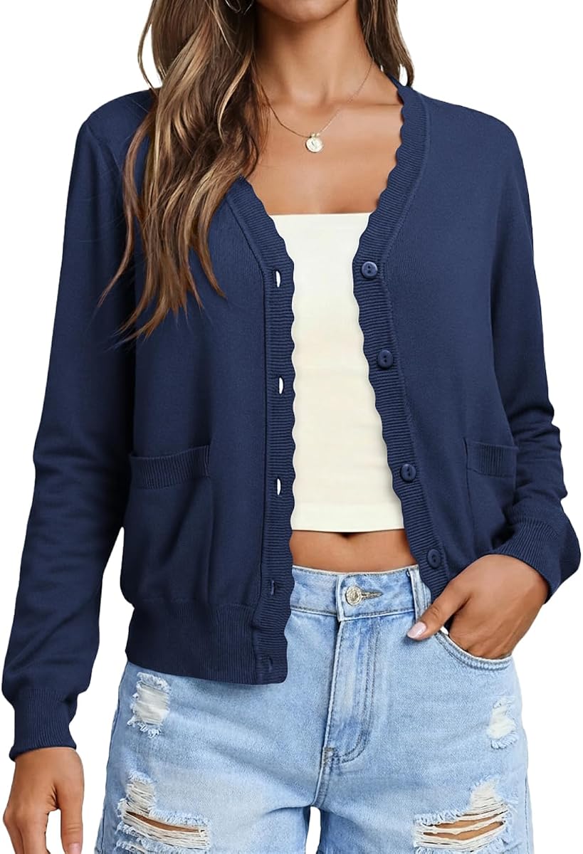 AGSEEM Womens Long Sleeve V Neck Button Up Lightweight Cardigan with Pockets Knit Open Front Sweaters