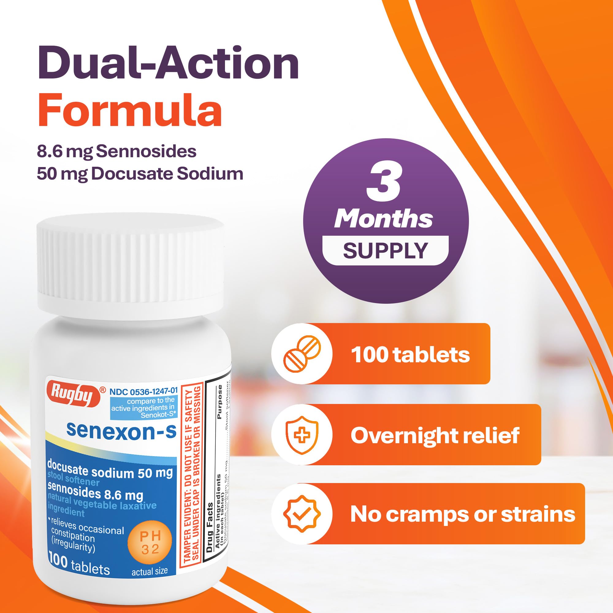 Rugby Senexon-S, Docusate Sodium 50mg, Sennosides 8.6mg, 100 Count (1-Pack) — Amazon image 4