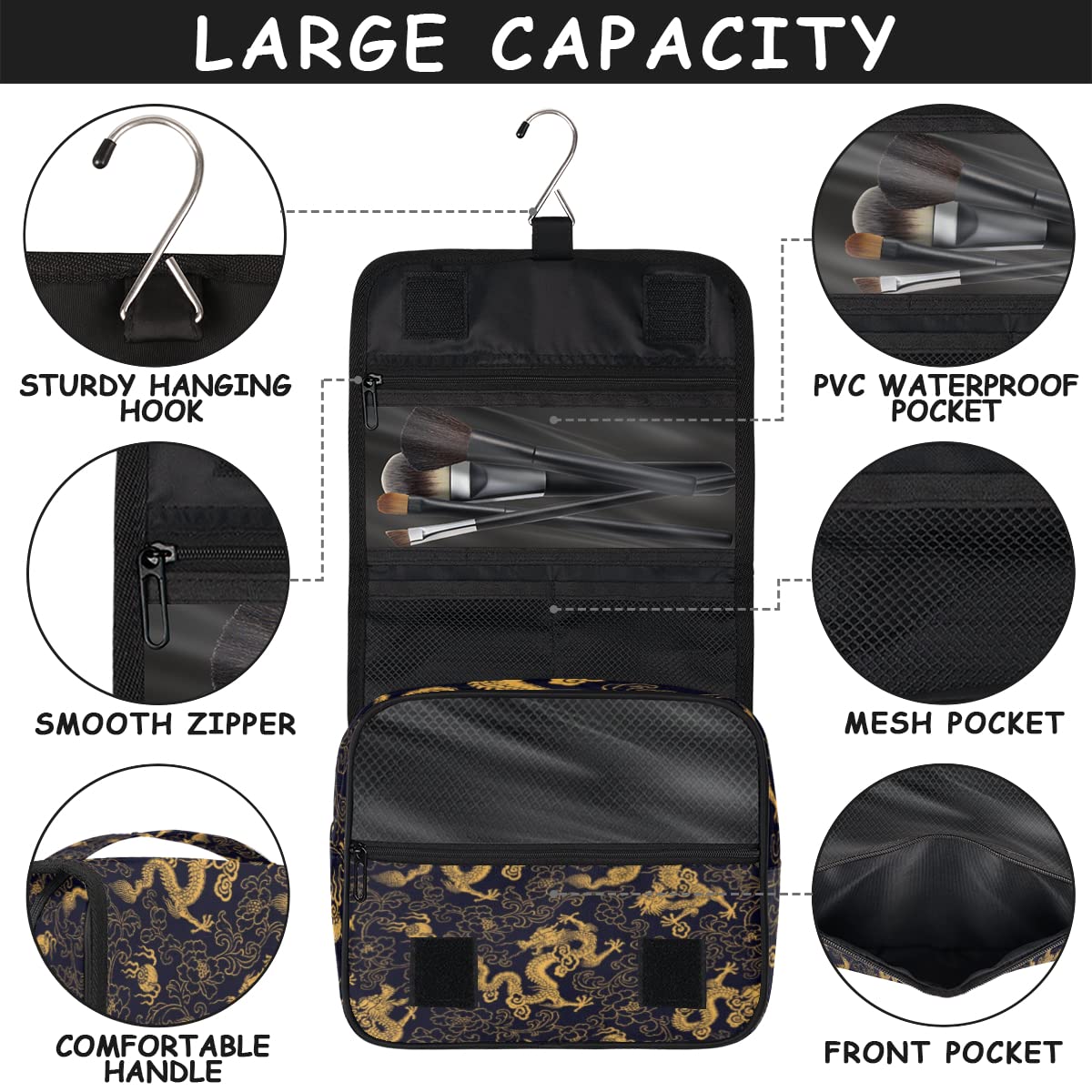 Chiński styl smok podróżna kosmetyczka nadruk smoka torebka do mycia torba unisex wiszące przybory toaletowe kosmetyczne organizer do makijażu, wielobarwny, Jeden rozmiar