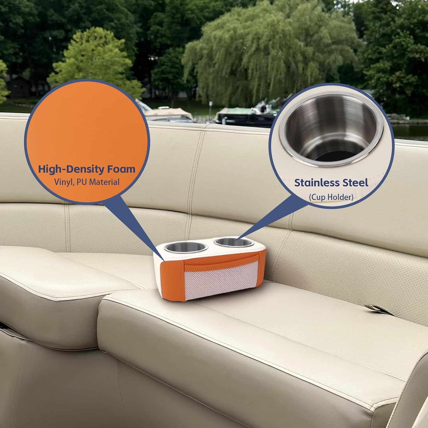 Pontoon Cup Holder for Boat,Boat Seat Cup Holder for Drinks,Marine Boat Pontoon Double Drink Holder with Side Pocket,Must Have Boat Accessories White&Orange-1Pack
