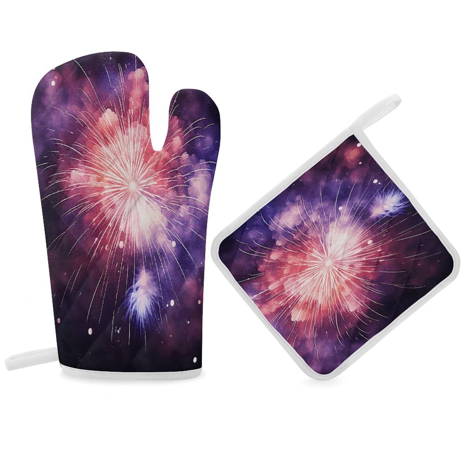 Fodpand Women's Style Exploding Fireworks Oven Mitts And Pot Holders Sets,Oven Gloves For Kitchen Oven Mitts And Potholders For Baking Cooking Grilling Apartment Essentials