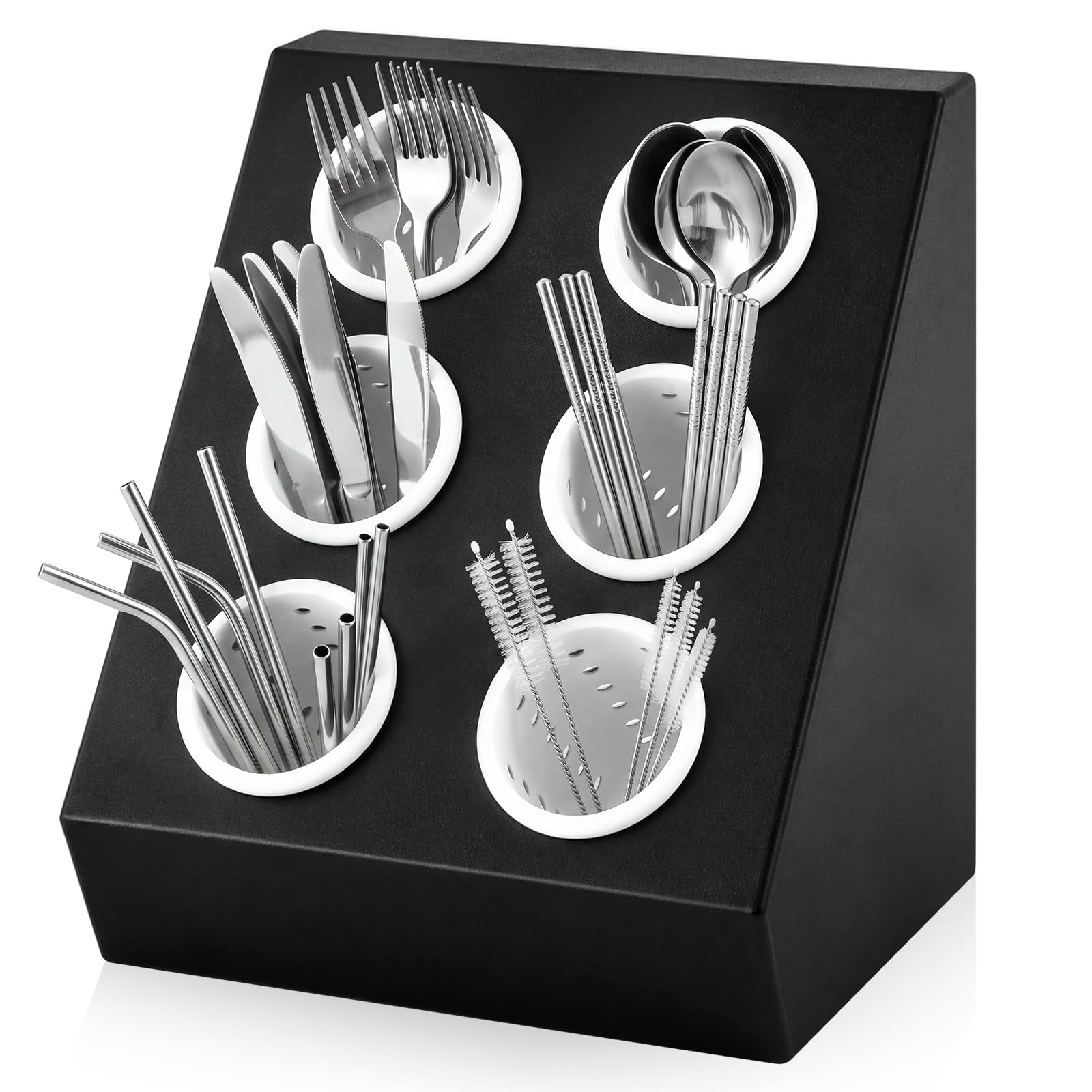 6 Compartment Plastic Utensil Holder, Slanted Silverware Dispenser with Removable Compartments, Modern Black Flatware Organizer Caddy for Kitchen Restaurant Cafe Bar Countertop