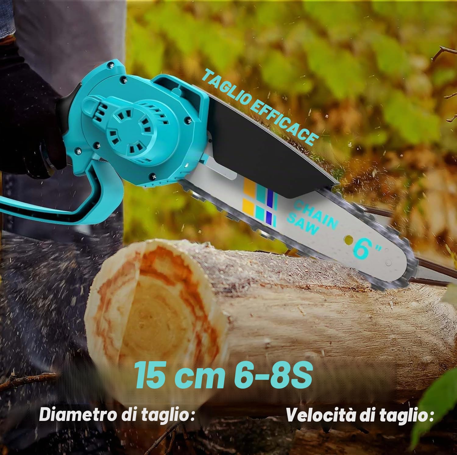 Mini Motosega a Batteria 6000mAh, 6 Pollici Motosega Elettrica con 2 Batterie, 2 Catene e Blocco di sicurezza per il Taglio Del Legno e Giardini