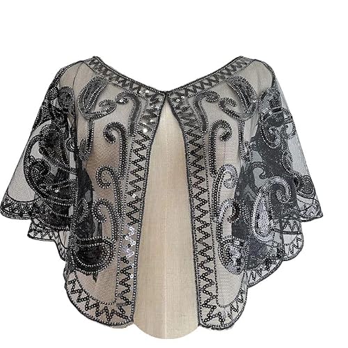 RiJinDuoJin 1920s 50s Shawl Wraps Sequin Shawl Wedding Bridal Wrap For Evening Dresses Gatsby Party Harlem Night Accessories - Black+Silver Rope