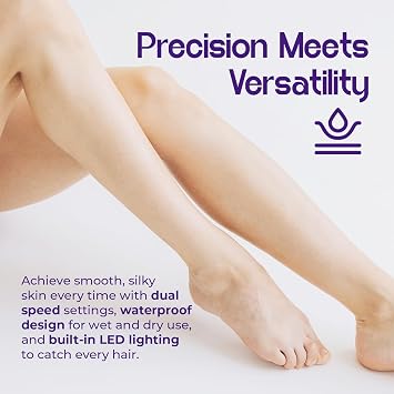 Pursonic 6-in-1 Smooth Glide Epilator for Women, Wet & Dry Electric Hair Removal Device with LED Light, Callus Remover, Exfoliating Brush, Shaver Head, Massage Attachment, Rechargeable Battery